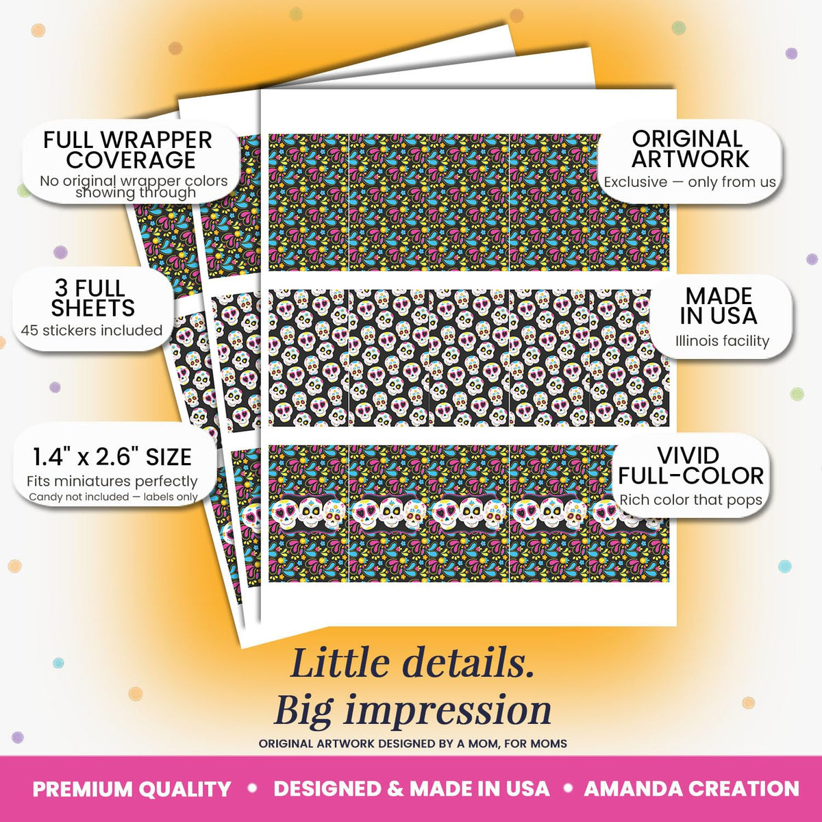Sugar Skull Day of The Dead, Dia De Los Muertos Halloween Themed Mini Chocolate Candy Bar Sticker Wrappers, 45 1.4" x 2.6" Wrap Around Labels by