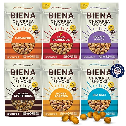 BIENA Chickpea Snacks - Crunchy Roasted Chickpeas - High Fiber Vegan Protein Snack for Adults & Kids - 6-Pack, 5 oz Bags - BBQ, Habanero, Honey