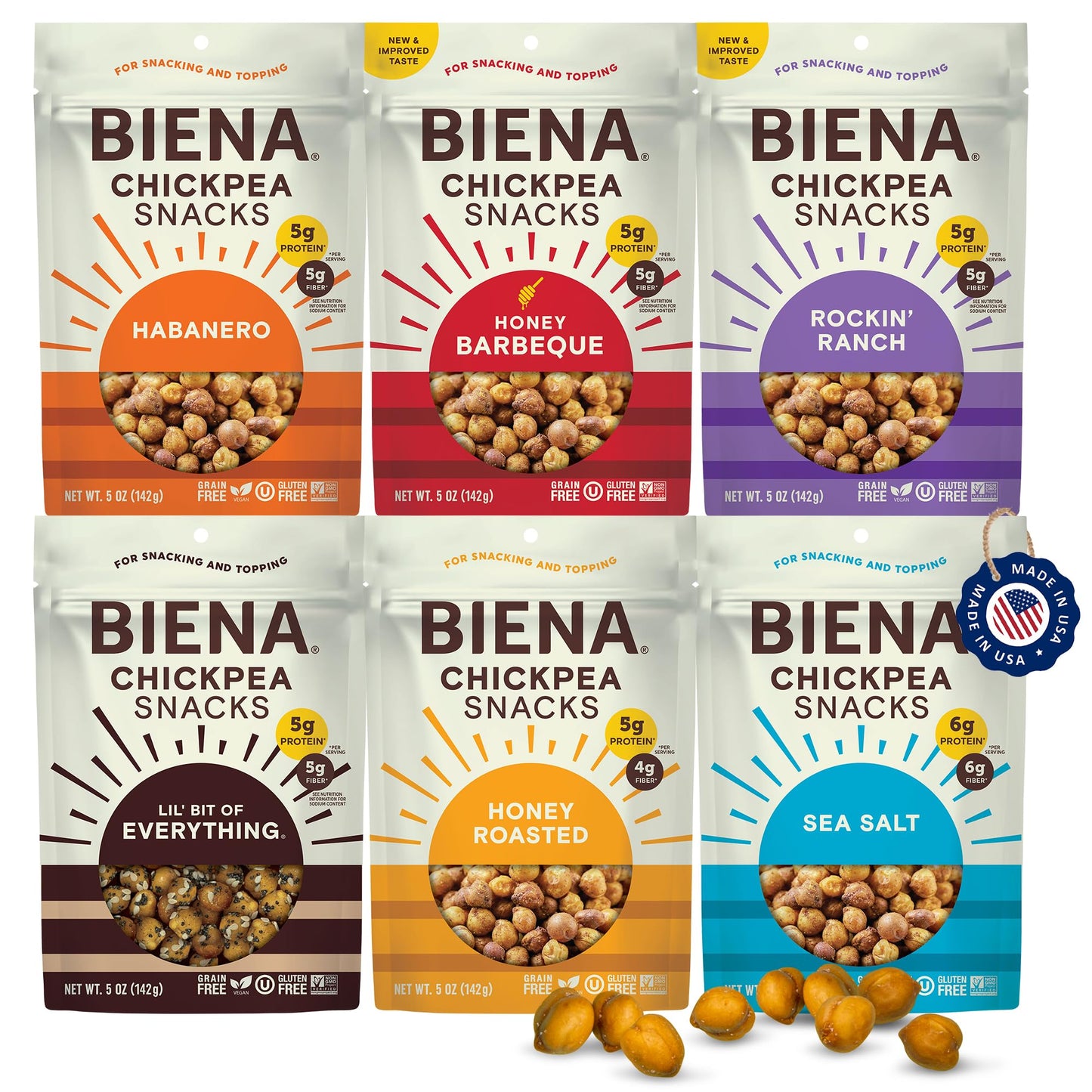 BIENA Chickpea Snacks - Crunchy Roasted Chickpeas - High Fiber Vegan Protein Snack for Adults & Kids - 6-Pack, 5 oz Bags - BBQ, Habanero, Honey