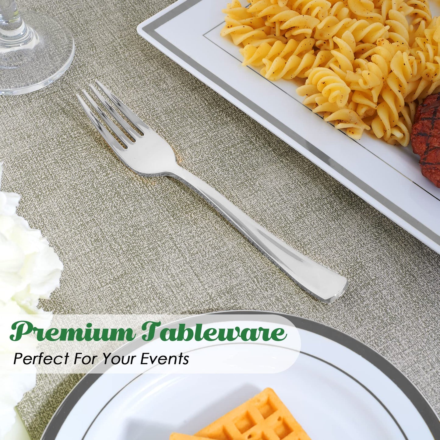 FOCUSLINE 300 Pack Disposable Silver Plastic Forks, Solid and Durable Plastic Cutlery Forks, Heavy Duty Disposable Utensil Silverware for Catering