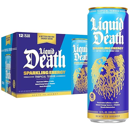 Liquid Death Sparkling Energy - Tropical Terror (Classic Piña Colada), Zero Sugar Energy Drink, Unextreme Caffeine 100mg, Essential Vitamins, 12 Fl Oz