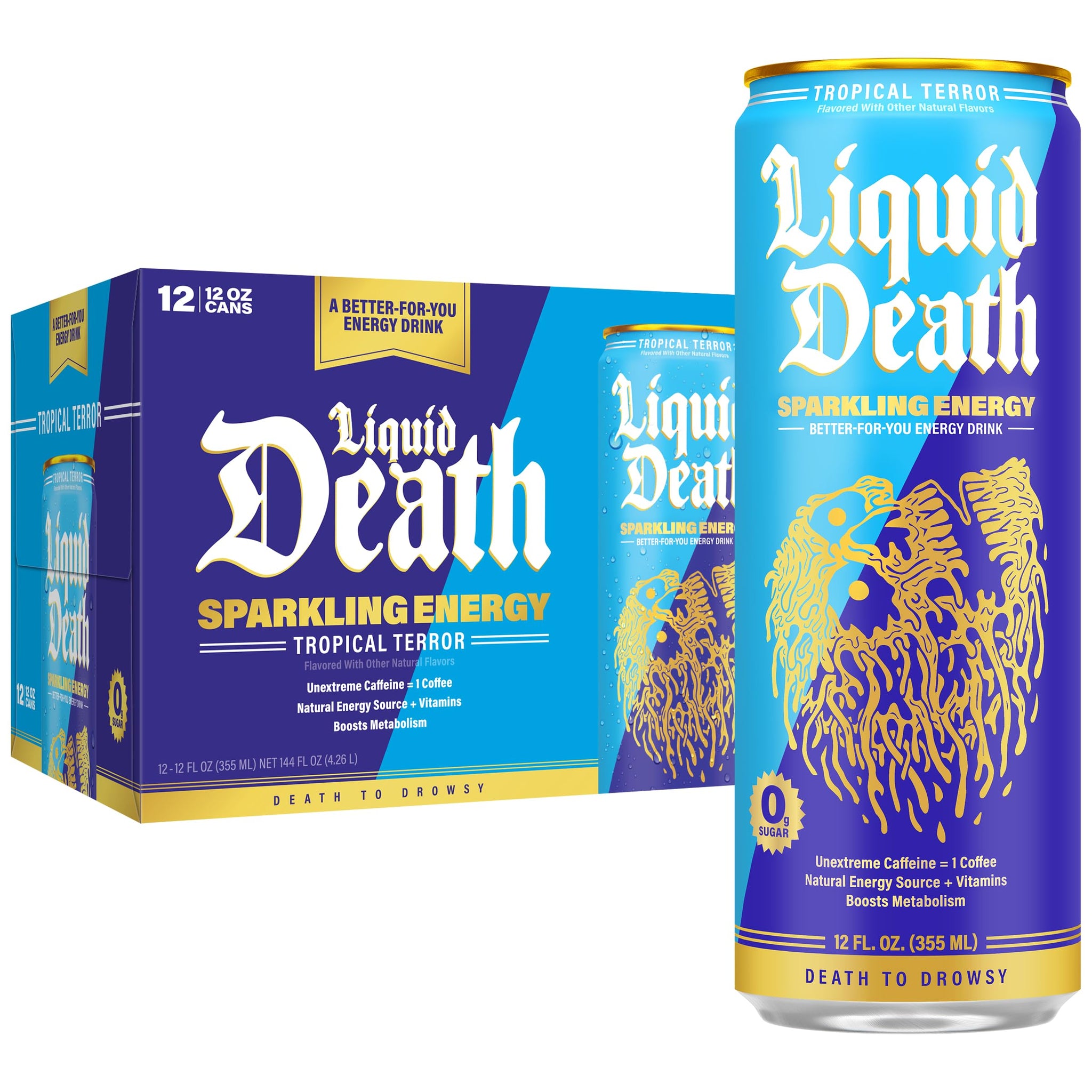Liquid Death Sparkling Energy - Tropical Terror (Classic Piña Colada), Zero Sugar Energy Drink, Unextreme Caffeine 100mg, Essential Vitamins, 12 Fl Oz