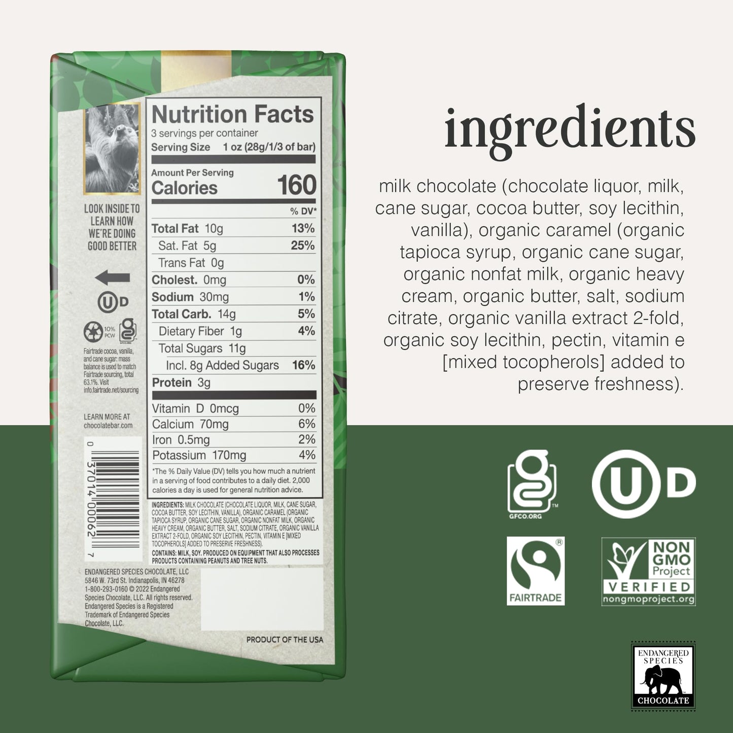Endangered Species Chocolate Bar 3oz (12 Pack) (Natural 48% Cacao Milk Chocolate w/Caramel)