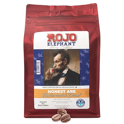Rojo Elephant Honest Abe Butterscotch Flavored Handcrafted Decaf Ground Coffee, Single-Origin 100% Arabica Beans, Swiss Water, Mountain Water Process