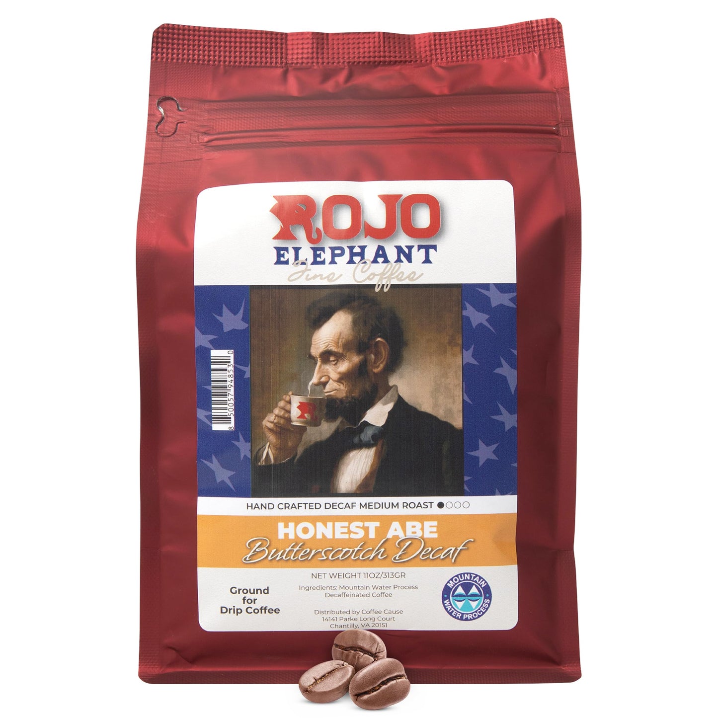 Rojo Elephant Honest Abe Butterscotch Flavored Handcrafted Decaf Ground Coffee, Single-Origin 100% Arabica Beans, Swiss Water, Mountain Water Process