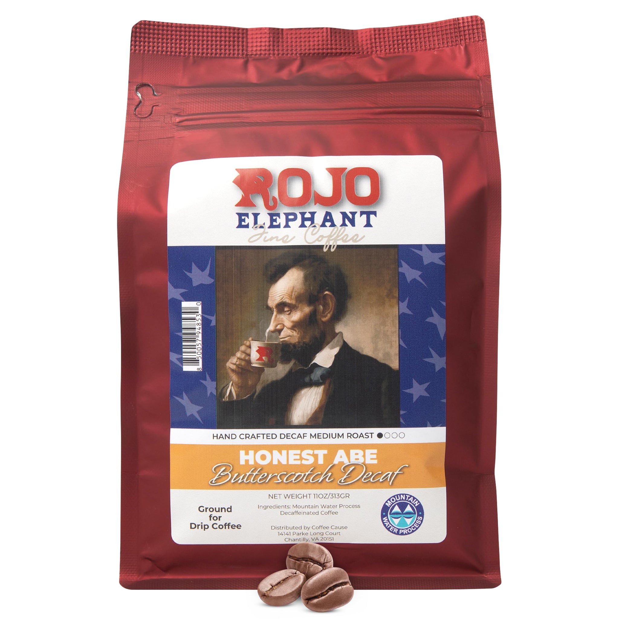 Rojo Elephant Honest Abe Butterscotch Flavored Handcrafted Decaf Ground Coffee, Single-Origin 100% Arabica Beans, Swiss Water, Mountain Water Process