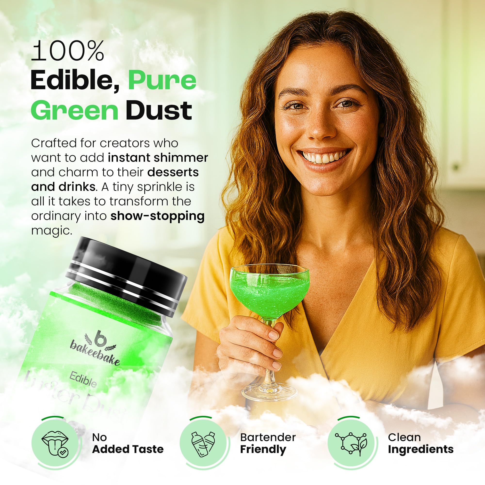 Bakeebake Luster Dust Edible 15g - Edible Glitter for Drinks & Desserts - Gluten Free Edible Green Dust for Cake Decorating - Tasteless Vegan Drink