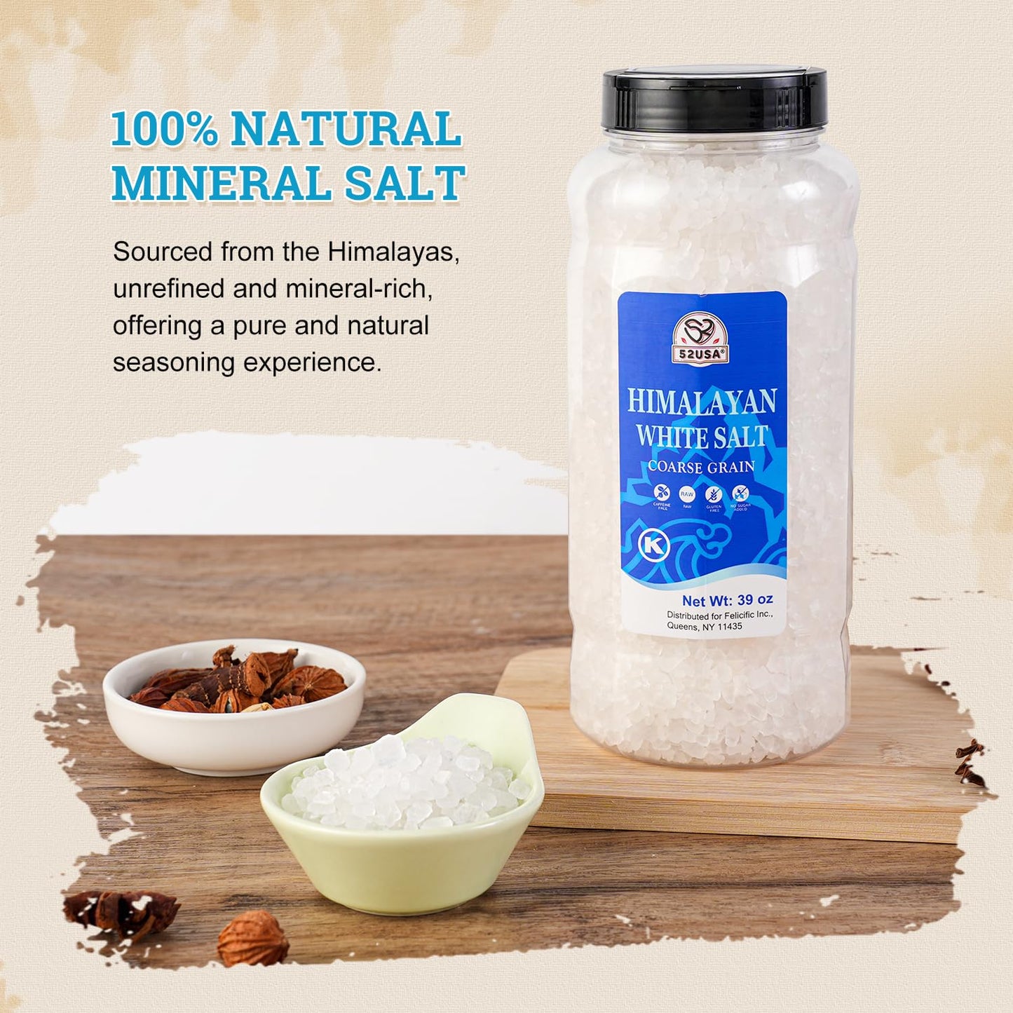 52USA Himalayan White Salt Coarse, Sea Salt for Grinder Refill, 39 oz (2.4 Pound), Pure Nature Himalayan Salts, Coarse Salts Perfect for Cooking, BBQ