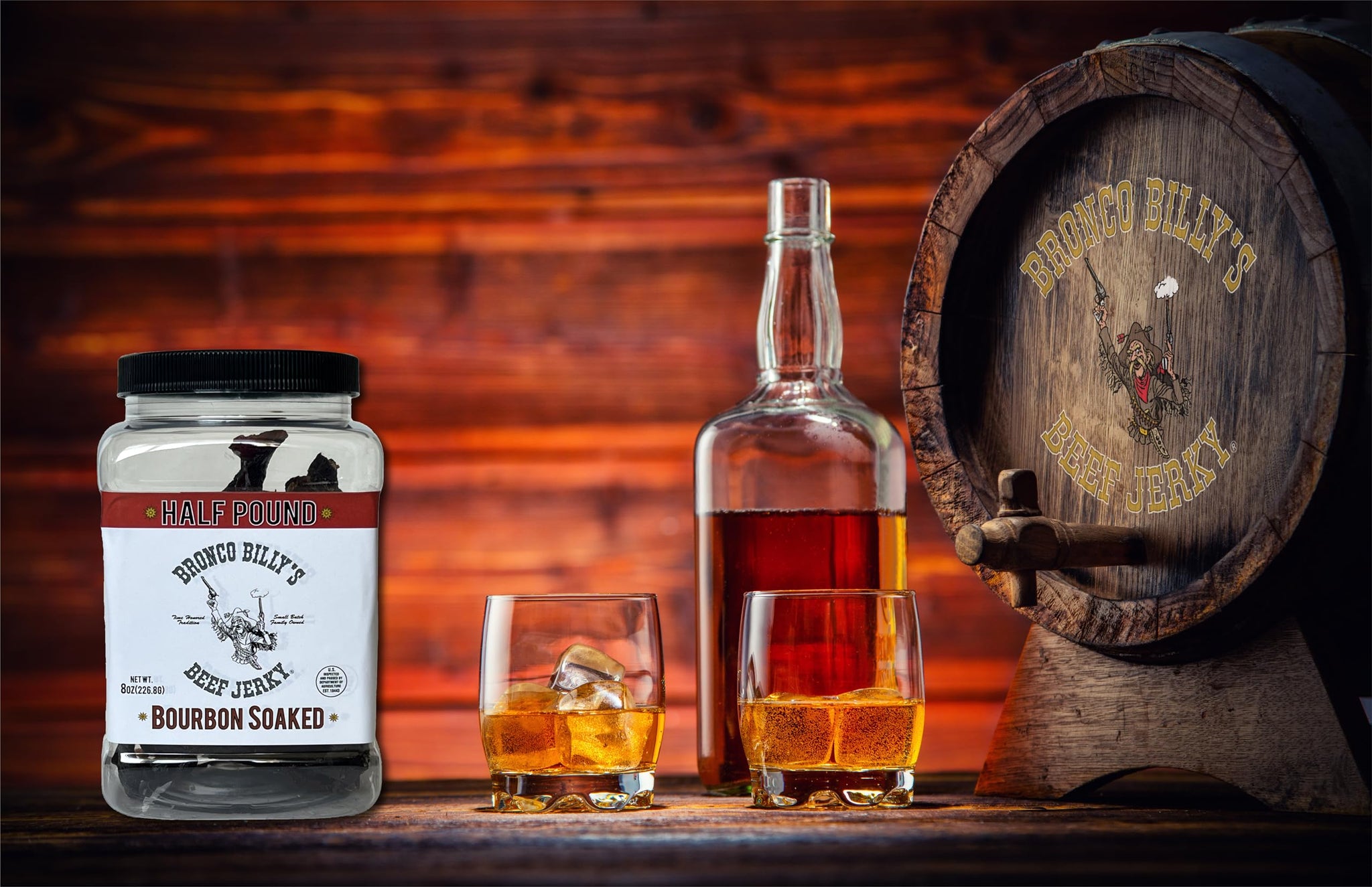 Bronco Billy's Beef Jerky Bourbon Soaked Half Pound Jar - 8oz - New Jar Design