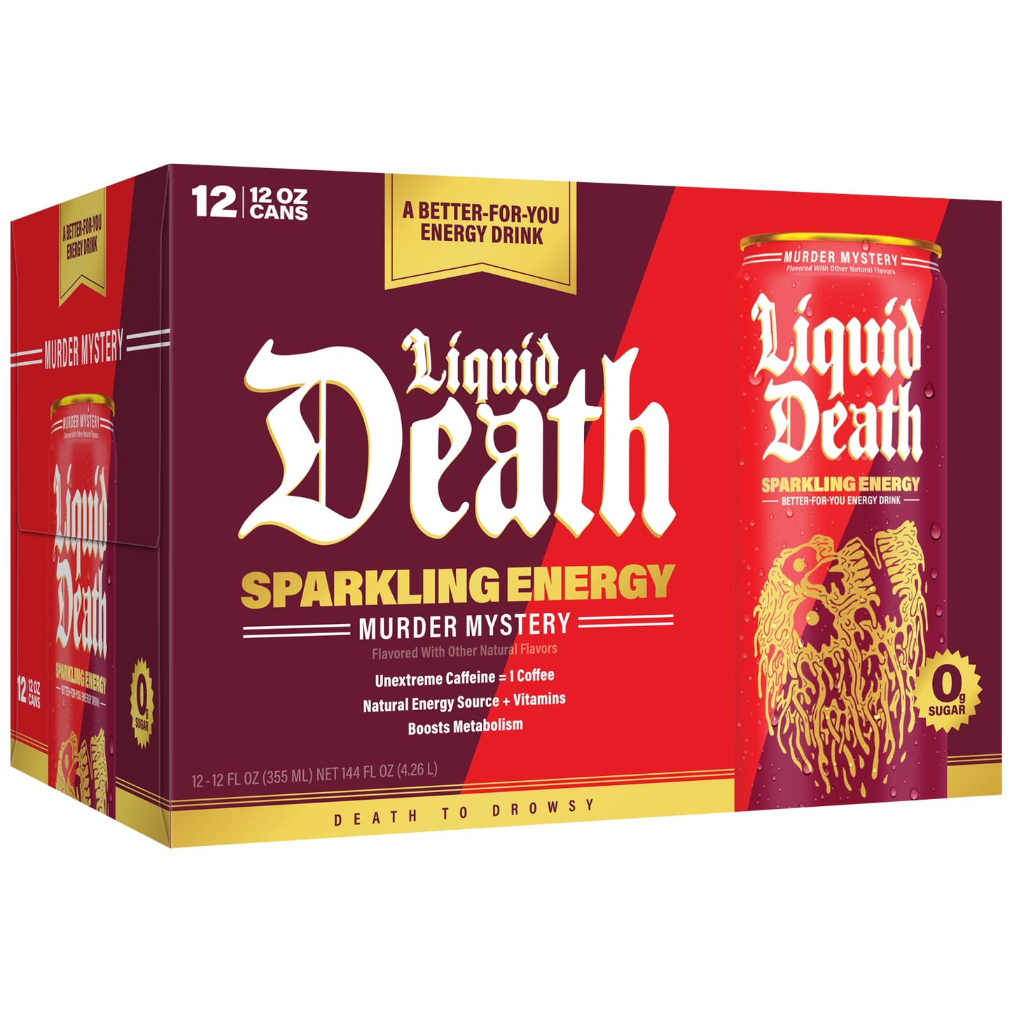 Liquid Death Sparkling Energy - Murder Mystery (Cherry, Cream, Spice), Zero Sugar Energy Drink, Unextreme Caffeine 100mg, Essential Vitamins, 12 Fl Oz