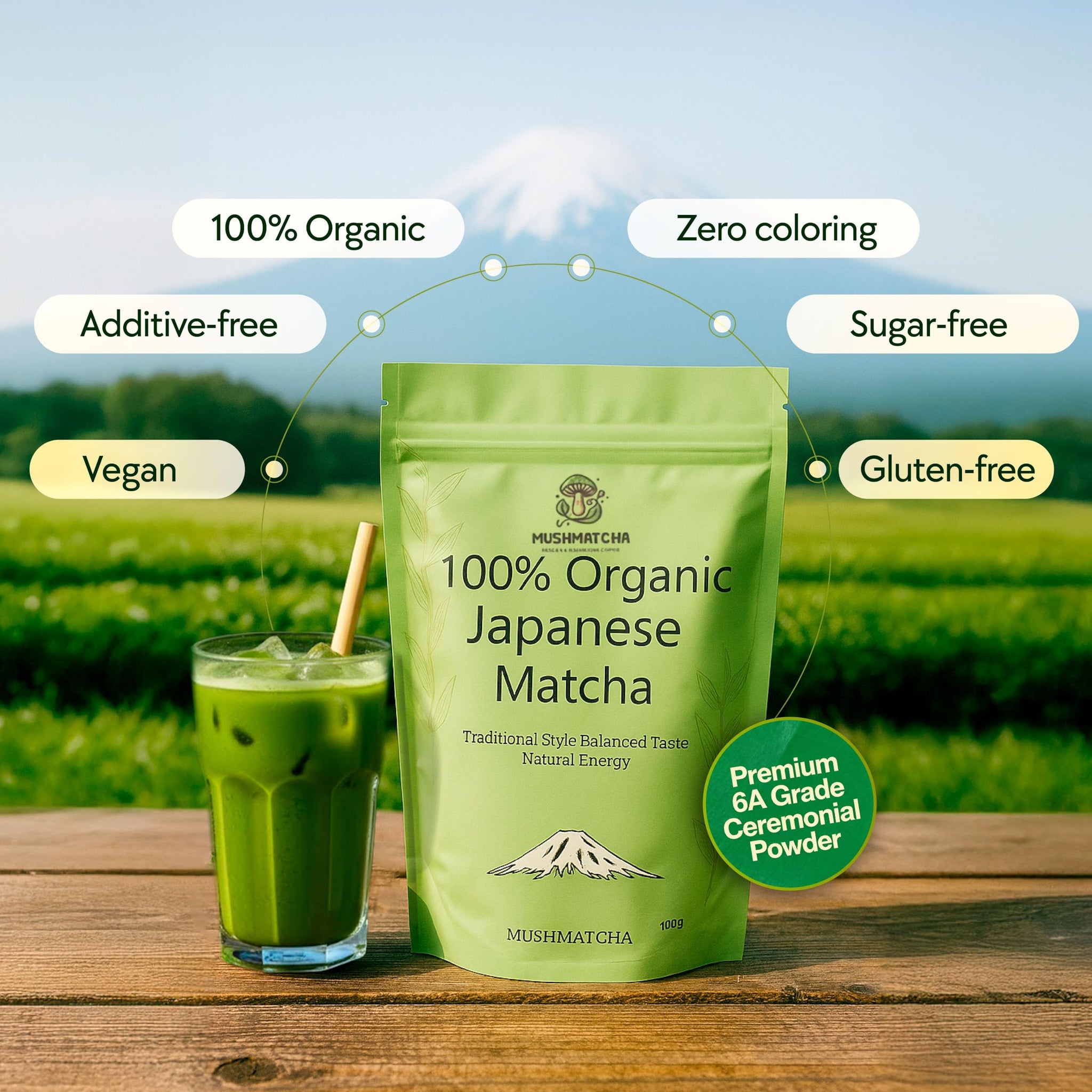 MushMatcha Organic Matcha Powder Grade 6A - Premium Ceremonial Green Tea Concentrate for Lattes, Smoothies & Baking, Pure Jade Leaf Blend, Unsweetened