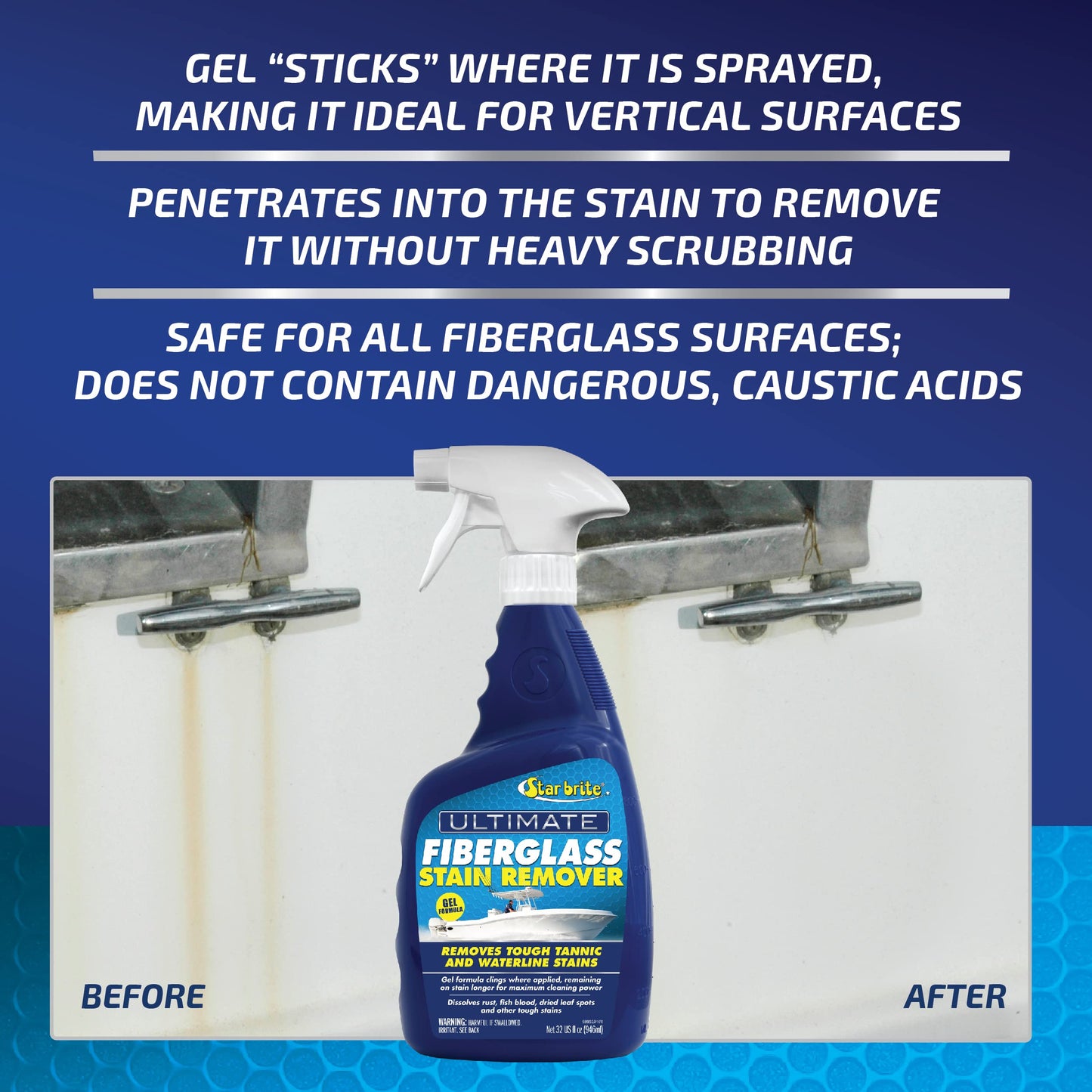 STAR BRITE Ultimate Fiberglass Stain Remover - Easy-to-Use Marine Grade Solution to Eliminate Tough Rust, Leaf & Waterline Stains for Boats and More