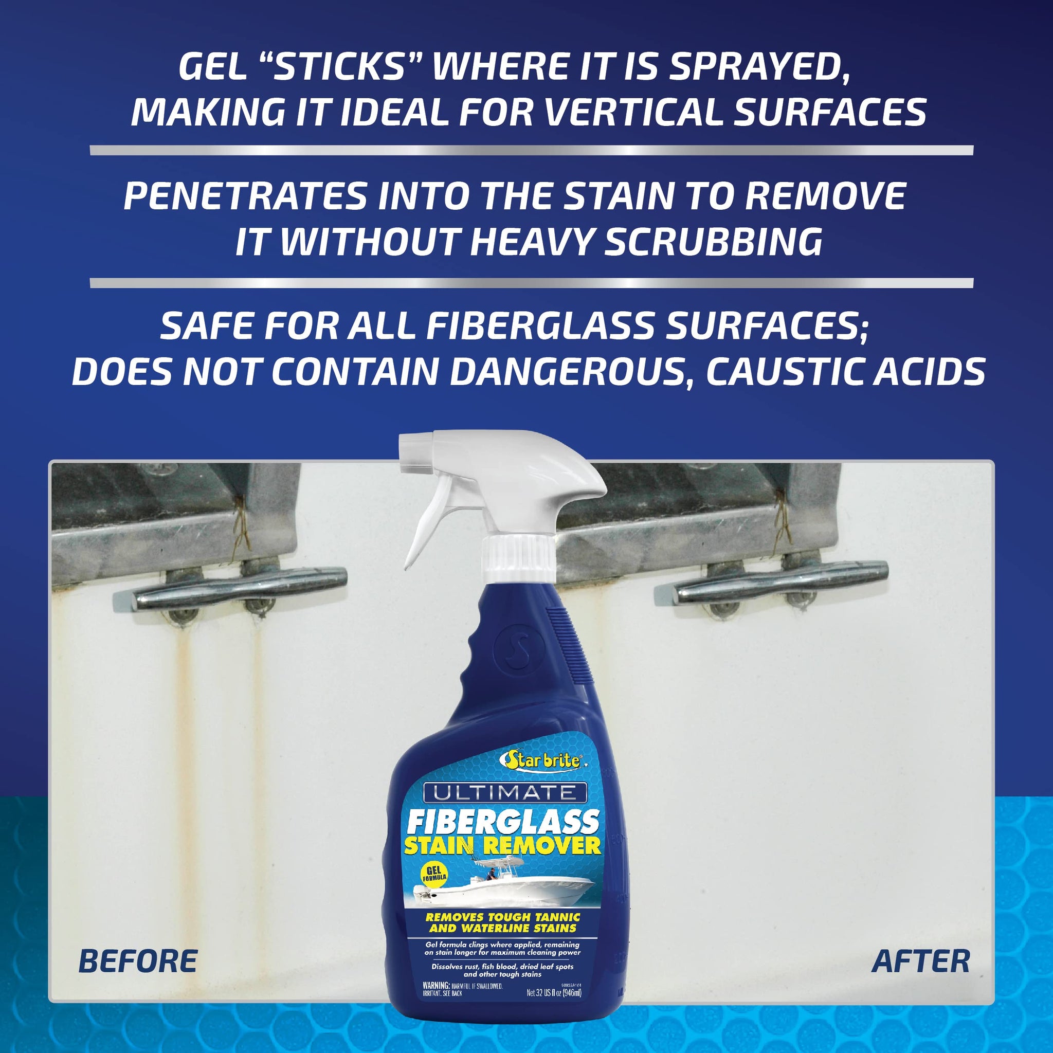 STAR BRITE Ultimate Fiberglass Stain Remover - Easy-to-Use Marine Grade Solution to Eliminate Tough Rust, Leaf & Waterline Stains for Boats and More