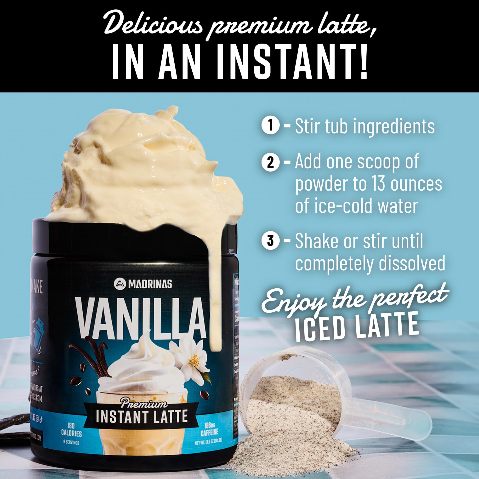 Premium All-Natural Vanilla Flavored Instant Coffee Cold Brew Latte Mix - 8 Servings - High Caffeine, Rich & Flavorful, Gluten-Free, Convenient |