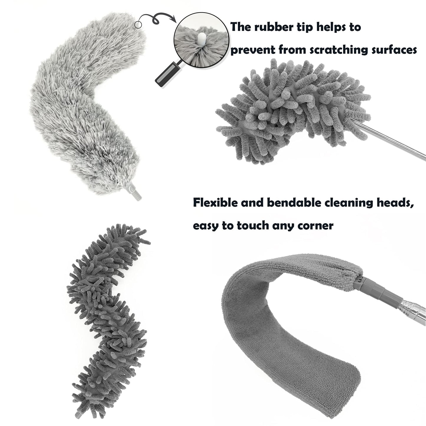 5-in-1 Microfiber Duster with Extension Pole (30-100") Kit for High Ceiling, Fan, Cobweb, Blind & Furniture, Bendable Washable Heads, Reusable Dusters