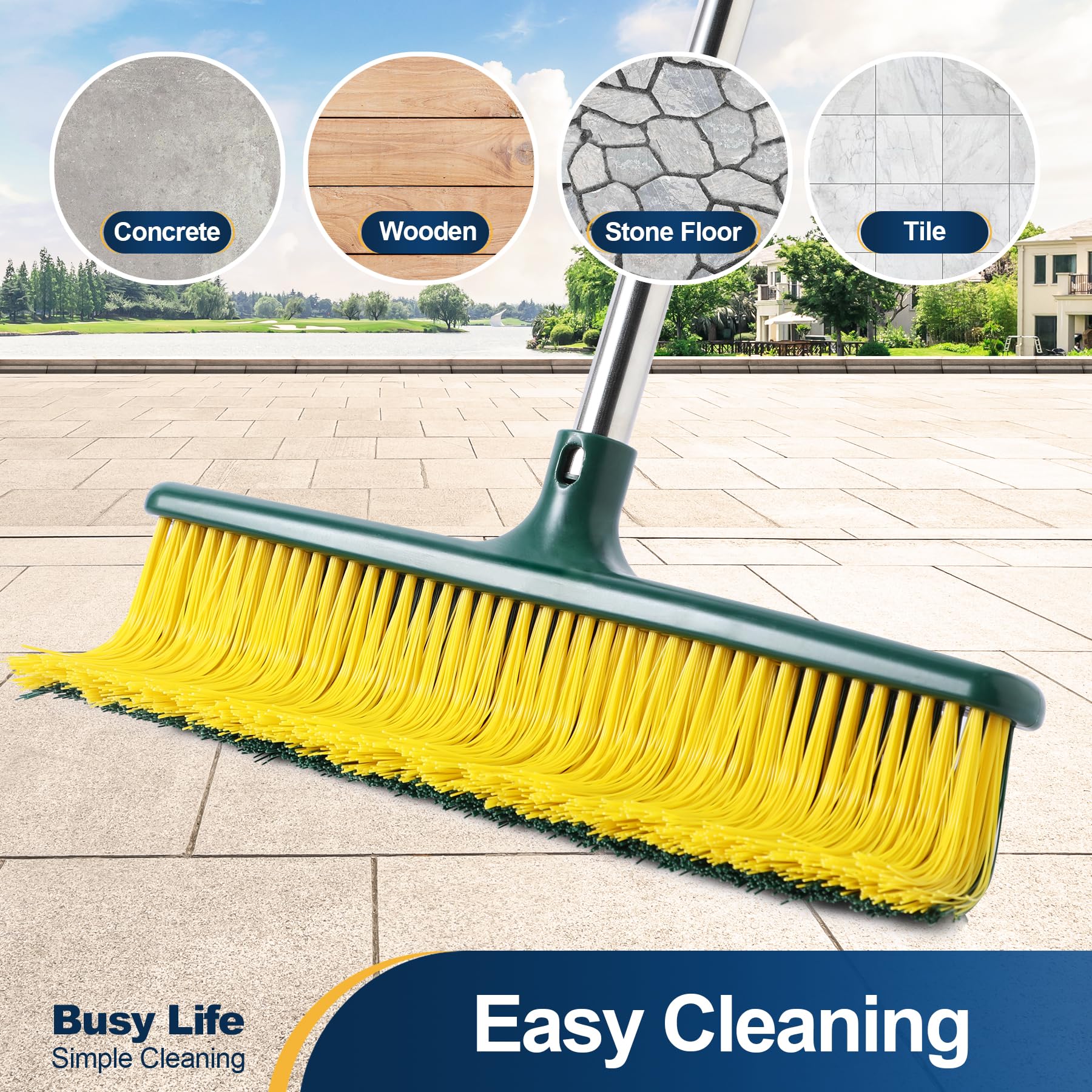 Yocada Heavy Duty Outdoor Broom Commercial Broom Garden Leaf Rake with Curved Bristles Adjustable Long Handle Indoor Outdoor for Yard Deck Garden