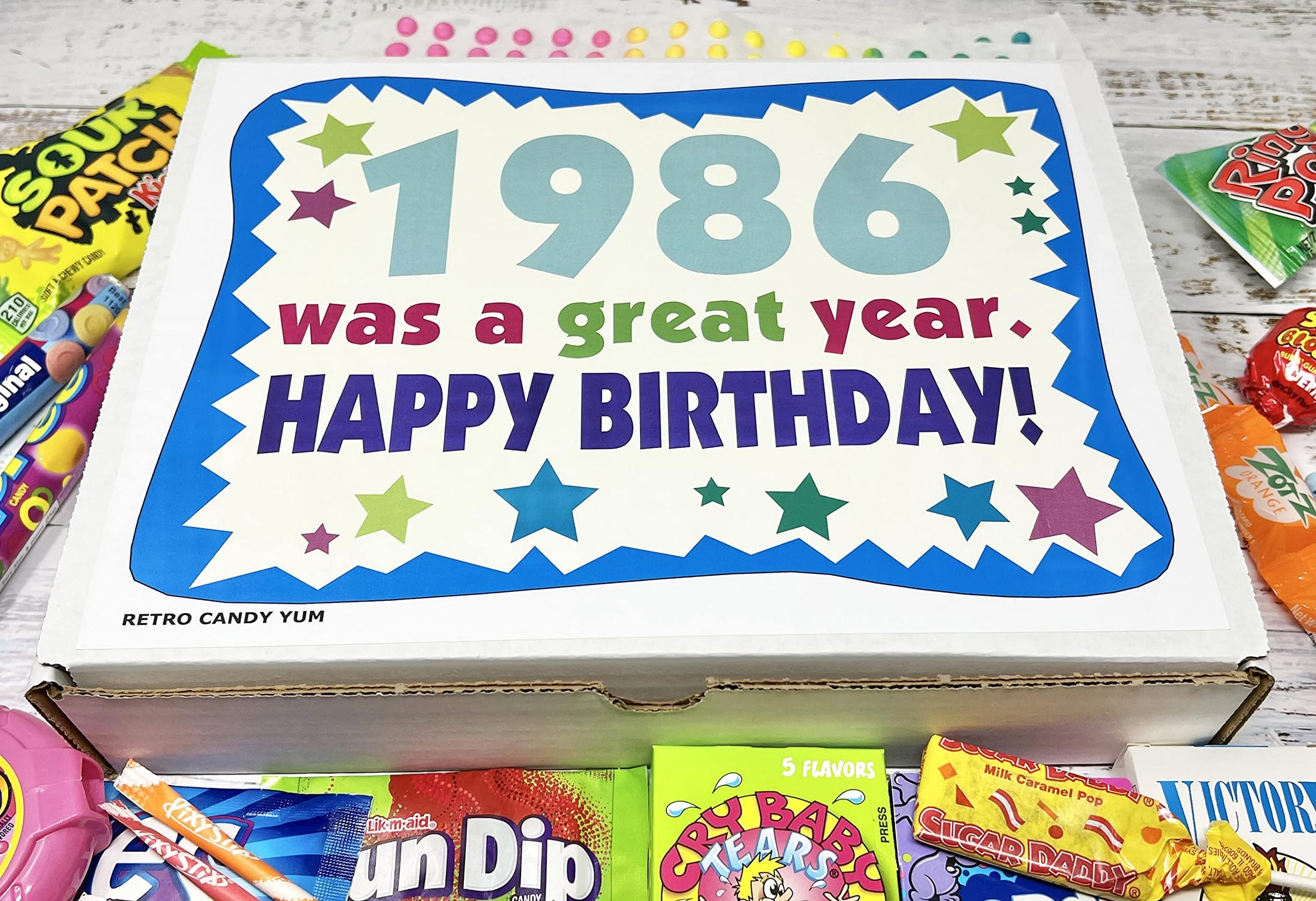 RETRO CANDY YUM ~ 1986 40th Birthday Gift Box of Nostalgic Retro Candy Assortment from Childhood for 40 Year Old Man or Woman Born 1986