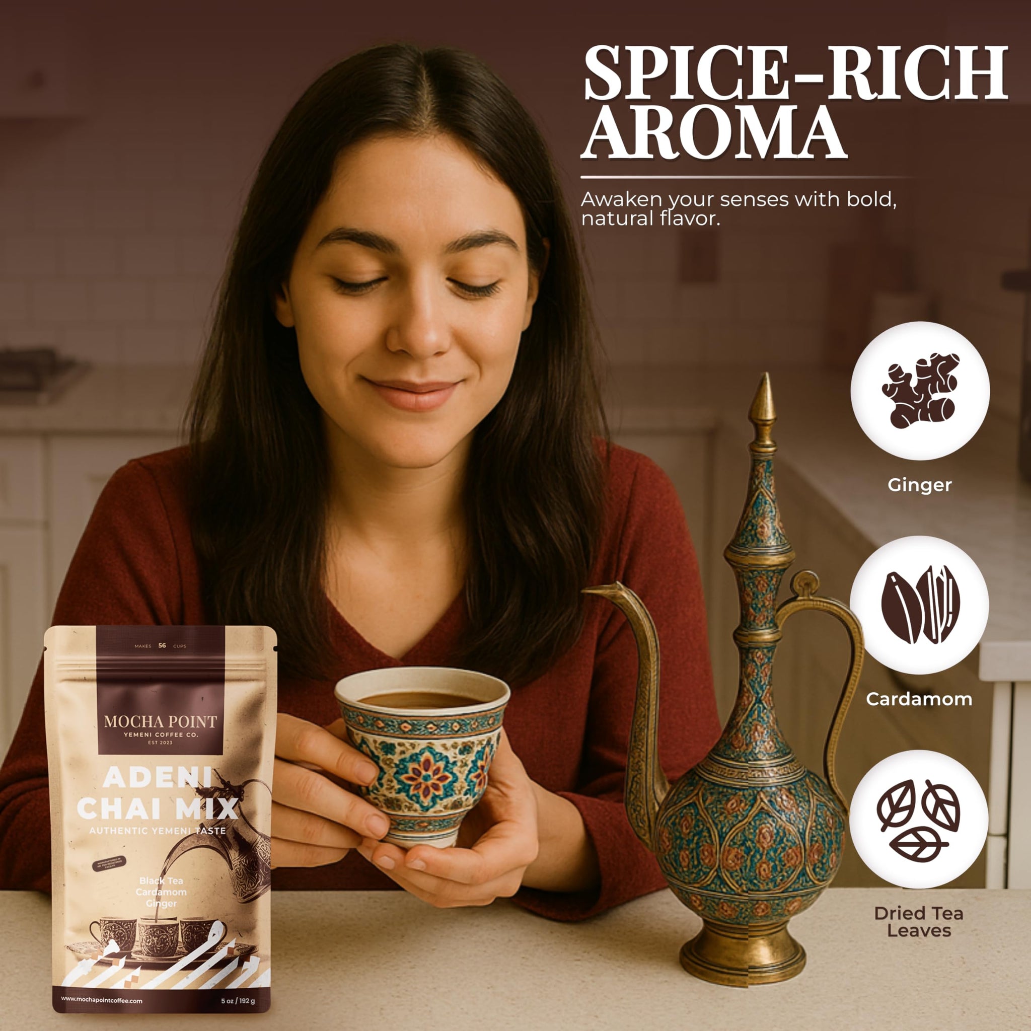 Mocha Point Adeni Chai Mix - Natural Black Tea with Ginger & Cardamom - Authentic Yemeni Taste Chai Tea Blend - Sugar-Free & Caffeinated - Enjoy Hot