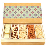 Ghasitaram Gifts Dry Fruit - 5 Part Print Almonds, Cashews, Nutties, Namkeen and Chocolate Box