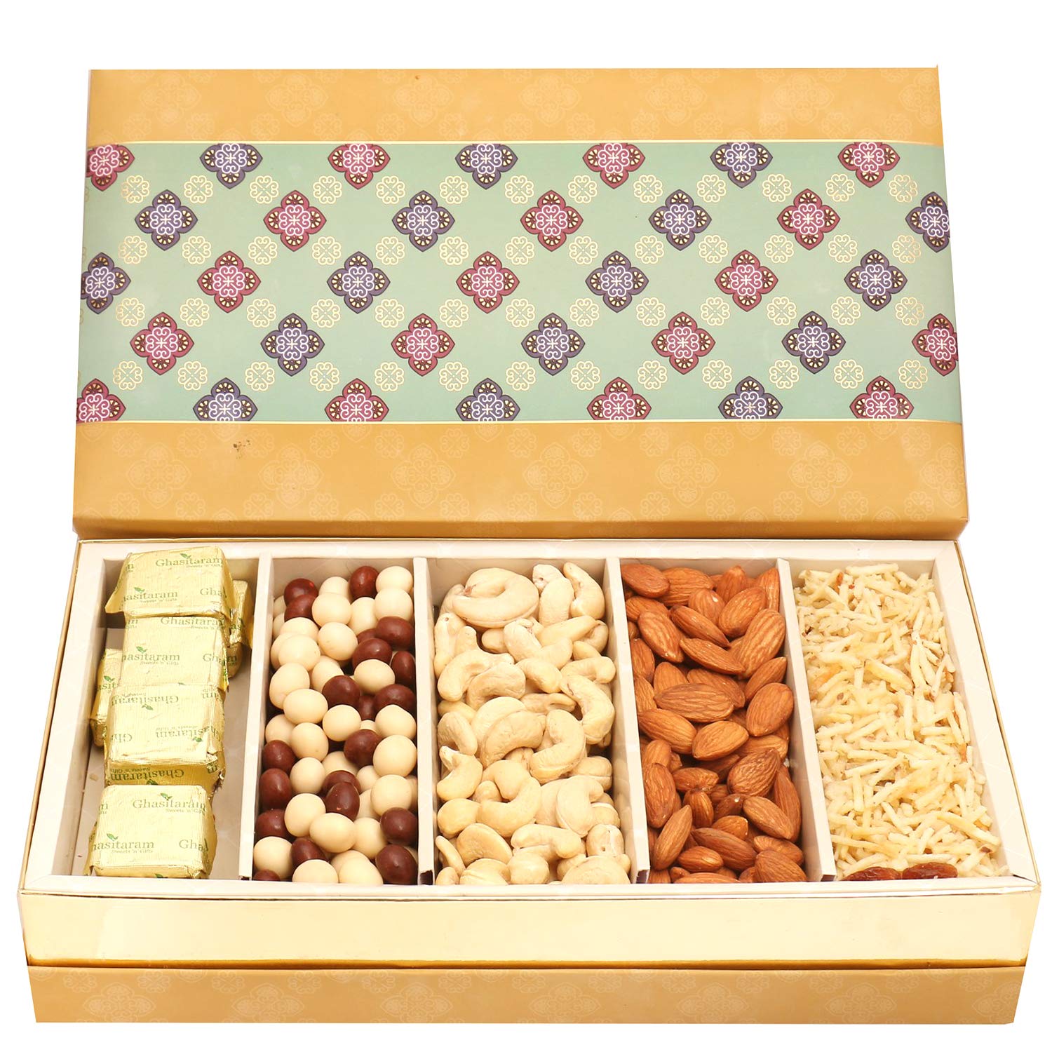 Ghasitaram Gifts Dry Fruit - 5 Part Print Almonds, Cashews, Nutties, Namkeen and Chocolate Box