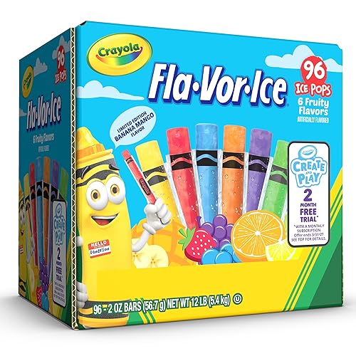 Crayola Fla-Vor-Ice Popsicle Variety Pack of 2 Oz Freezer Bars, Assorted Flavors, Banana Mango, Strawberry, Berry Punch, Orange, Grape, Lemon-Lime 96