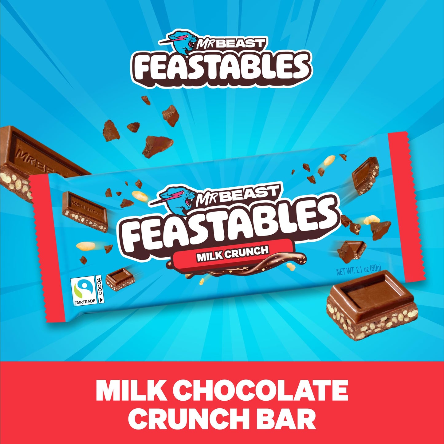 MrBeast Feastables Milk Chocolate Crunch Bar, King Size, 10 Count, Crispy Rice Chocolate Candy, Fairtrade Cocoa, 2.1oz Each