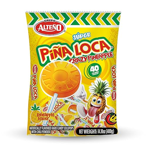 Alteño (Alteno) Super Piña Loca Pineapple Chili Lollipops, Mexican Style Spicy Hard Candy, Individually Wrapped, 40 Count