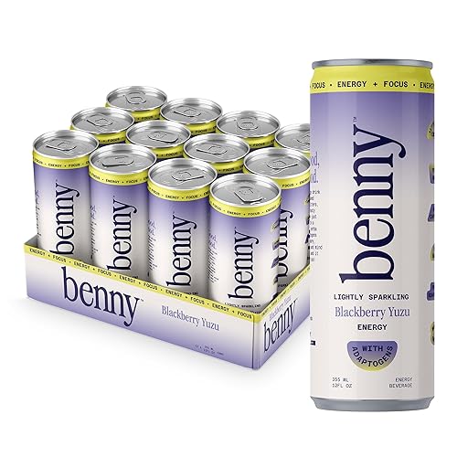Benny Blackberry Yuzu Sparkling Clean Energy Drink | 80mg Natural Caffeine Yerba Mate | Lion's Mane & Ginseng | 1g Sugar, 5 Calories | No Artificial