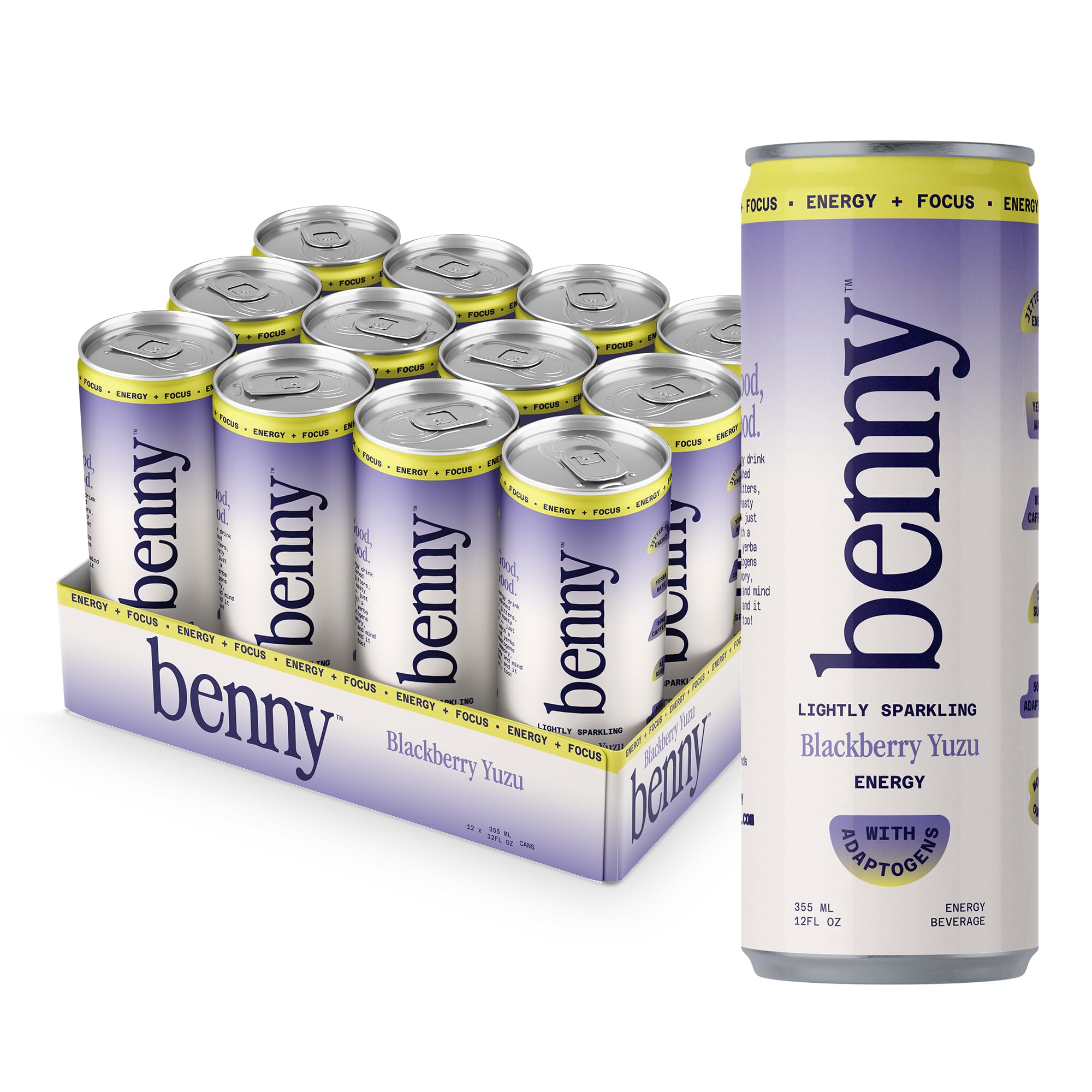 Benny Blackberry Yuzu Sparkling Clean Energy Drink | 80mg Natural Caffeine Yerba Mate | Lion's Mane & Ginseng | 1g Sugar, 5 Calories | No Artificial