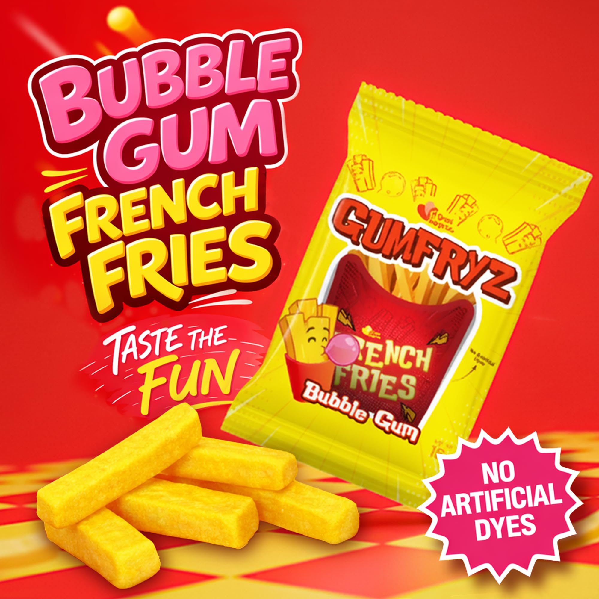 French Fries Bubble Gum - 24 Count Bulk Pack - Novelty Fry-Shaped Bubble Gum Bags - No Artificial Dyes - Fun Food Theme Party Candy