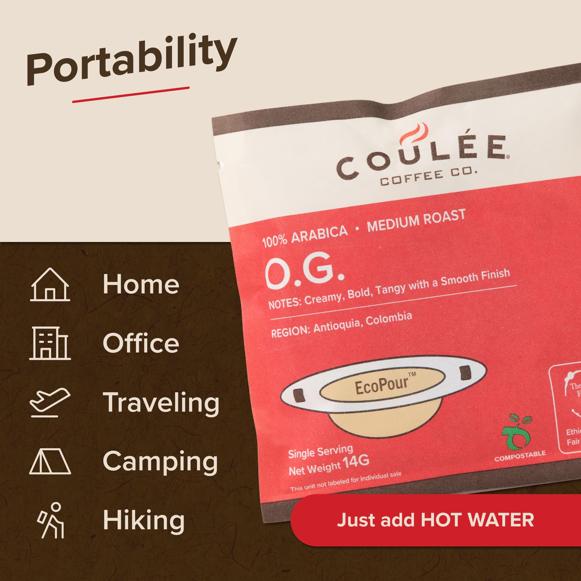 Coulée EcoPour O.G. Coffee, All Paper Single Serve Pour Over Colombian Coffee, Medium Roast, Use for Camping or Traveling, Pre Filled Compostable, All