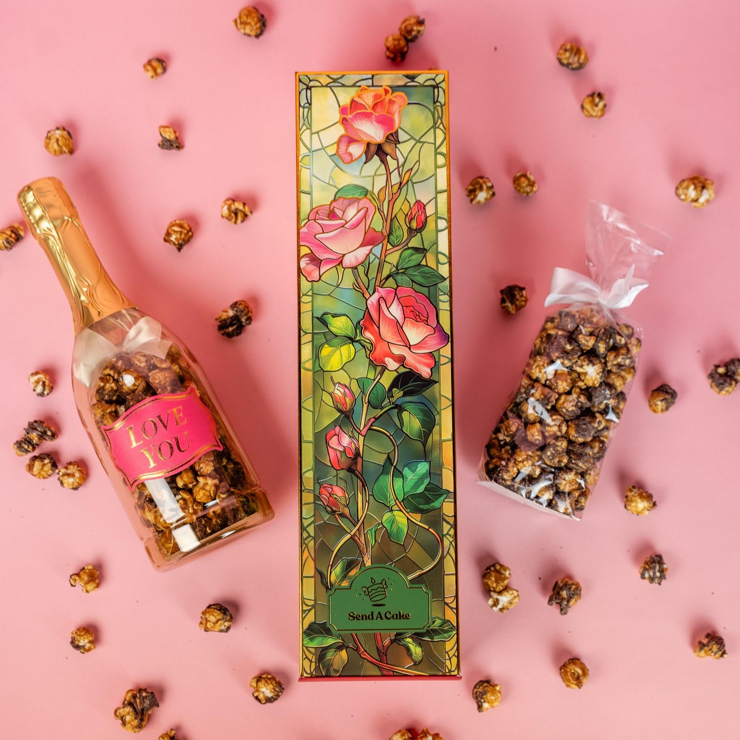 Rose Bubble Box with Caramel White Chocolate Popcorn by Send A Cake, Ready to Gift, No Assembly Required - Happy Birthday Surprise - Unique Birthday