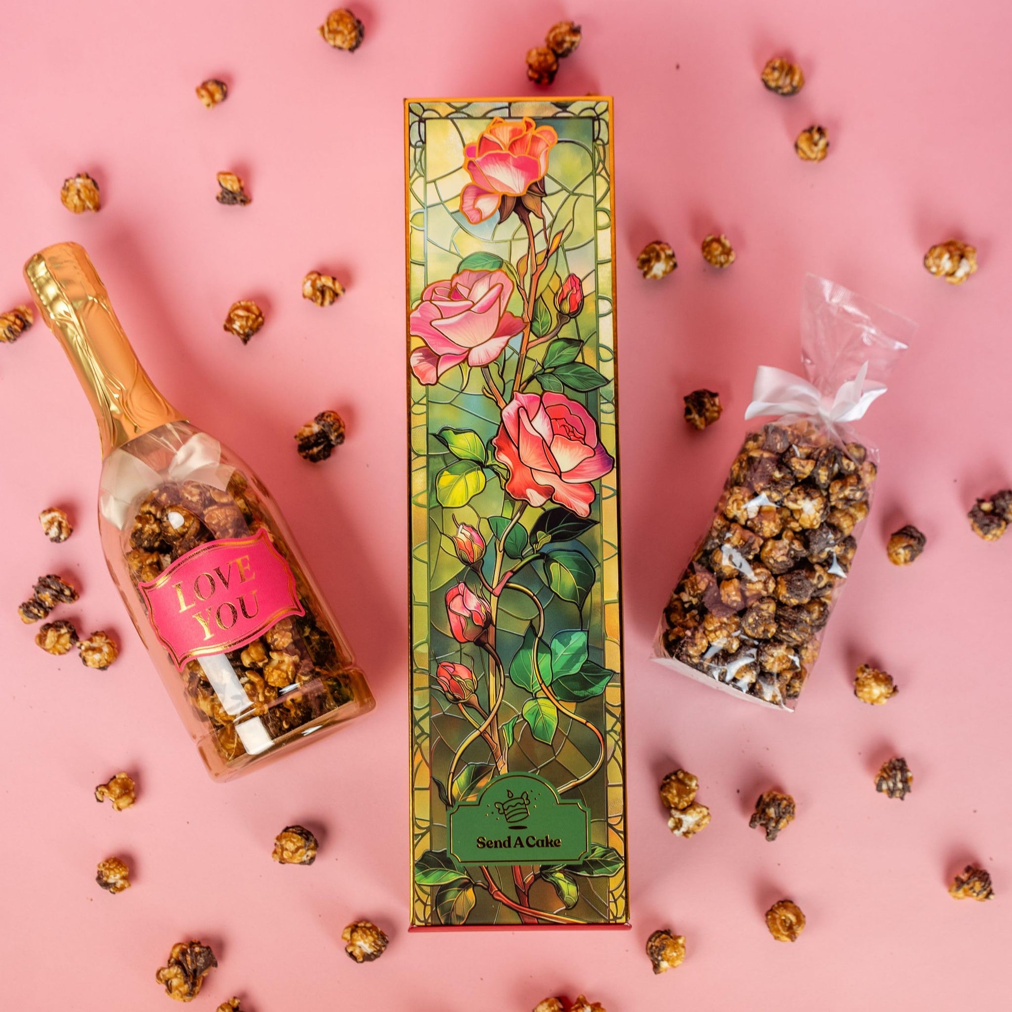 Rose Bubble Box with Caramel White Chocolate Popcorn by Send A Cake, Ready to Gift, No Assembly Required - Happy Birthday Surprise - Unique Birthday