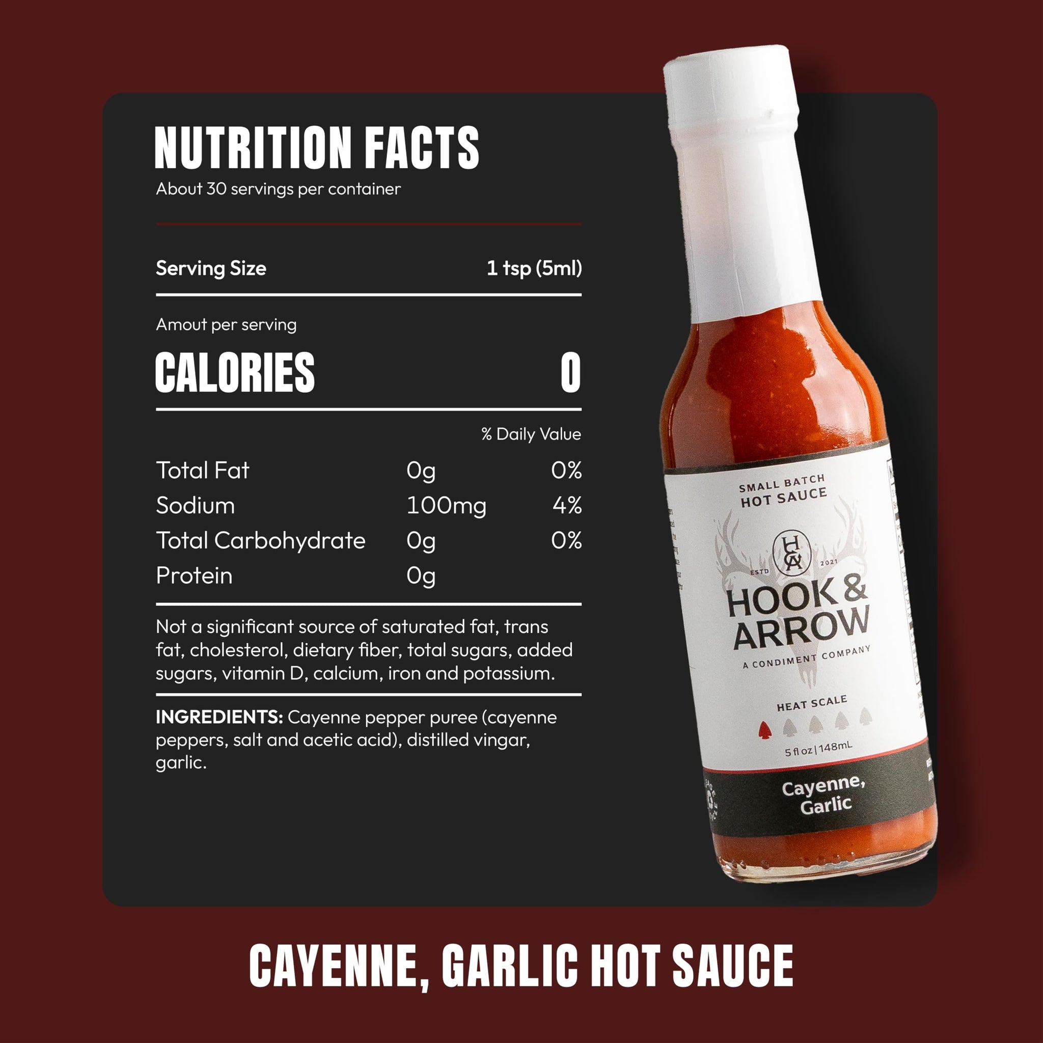 Hook & Arrow Cayenne Garlic Hot Sauce - Low Sugar Louisiana Style Mild Garlic Pepper Sauce - Award Winning, Gluten-Free, Vegan, Paleo (5 fl oz, 30