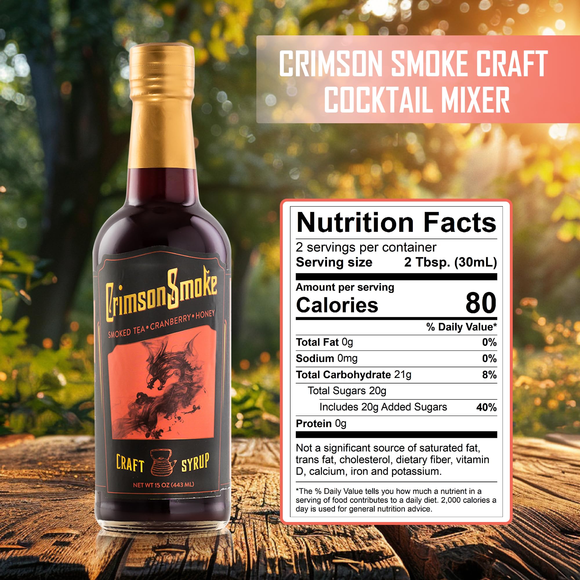 Absinthia Crimson Smoke Craft Mixer - Smoky Non-Alcoholic Drink Mixer with Cranberry, Honey & Cedar-Smoked Black Tea | Cocktail Syrup for Mocktails