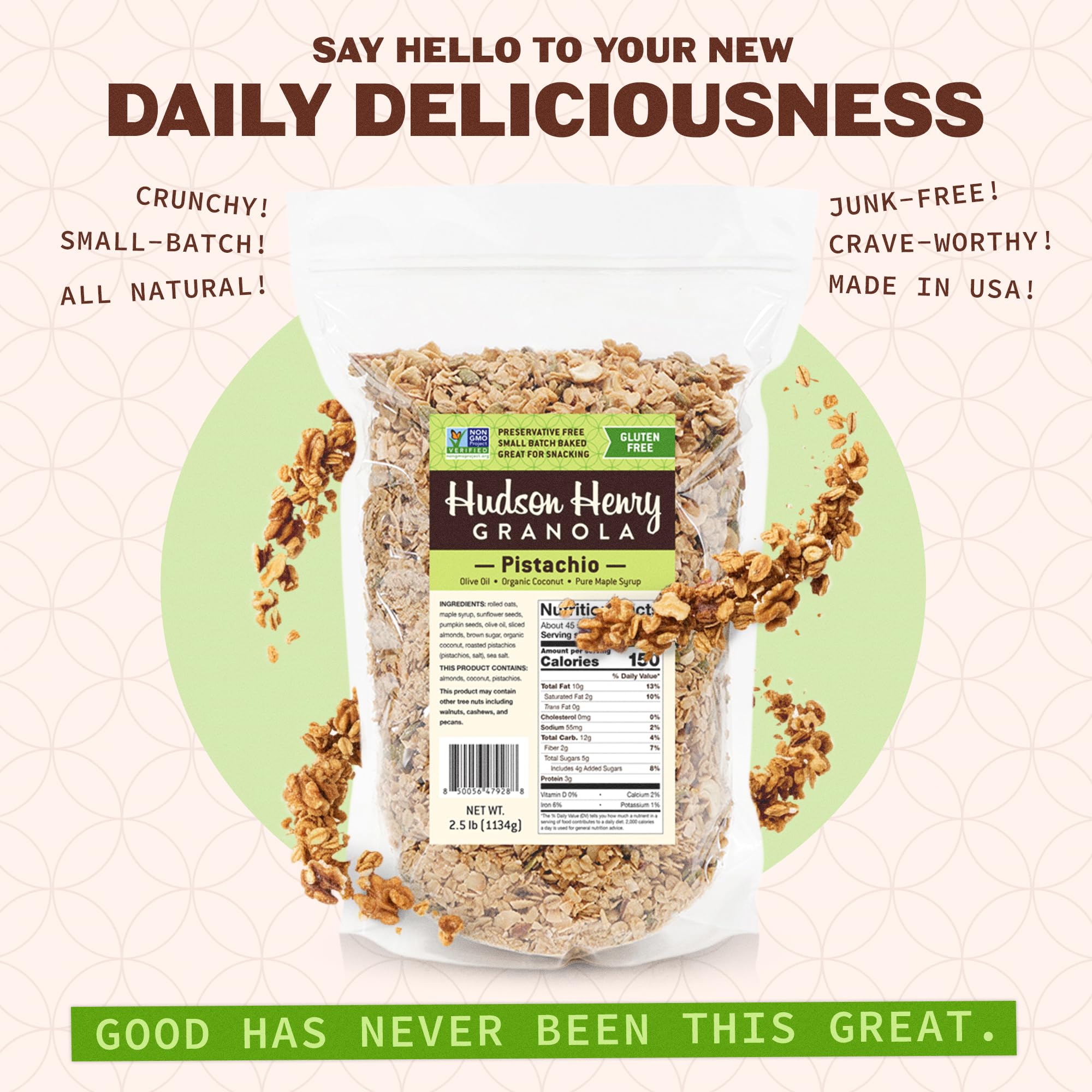 Hudson Henry Pistachio Almond Granola | Gluten Free Granola with Nuts and Seeds | Vegan, Non-GMO & Small Batch Baked with Pure Maple Syrup & Extra