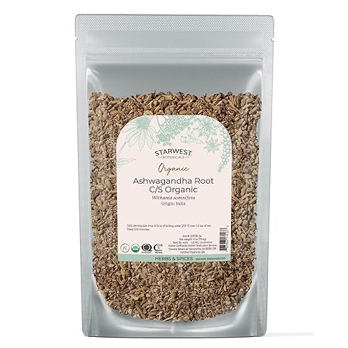 Starwest Botanicals Organic Ashwagandha Root - Dried Herb for Tea & Natural Herbal Blends, Cut & Sifted, Certified Kosher, Non-GMO - 4 oz Pouch