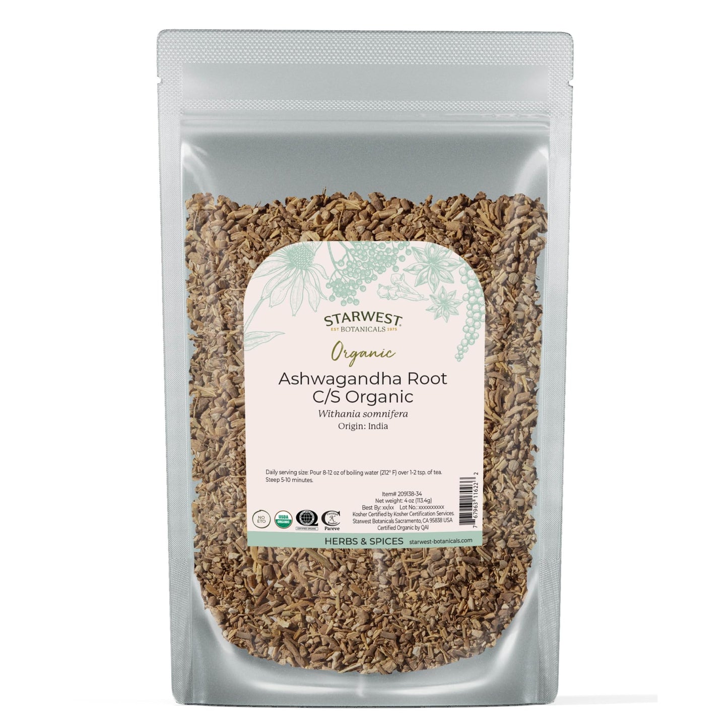 Starwest Botanicals Organic Ashwagandha Root - Dried Herb for Tea & Natural Herbal Blends, Cut & Sifted, Certified Kosher, Non-GMO - 4 oz Pouch