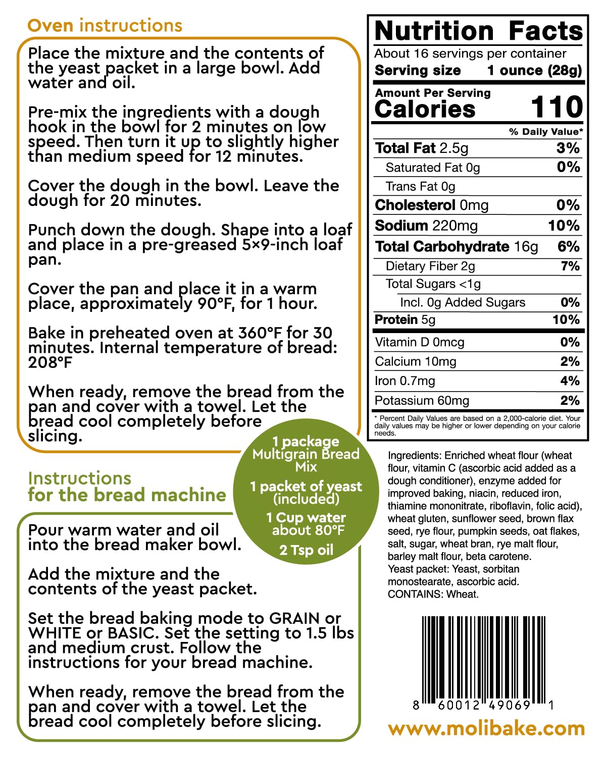 Molibake Multigrain Bread Mix - Premium All-Natural Baking Mix for Bread Machine and Oven - 15 oz - Gourmet Blend with Sunflower Seeds, Brown Flax, Pumpkin Seeds, Oat Flakes, Rye, Barley Malt, Wheat Bran - Easy-to-Use Bread Maker Mix for Homemade Baking