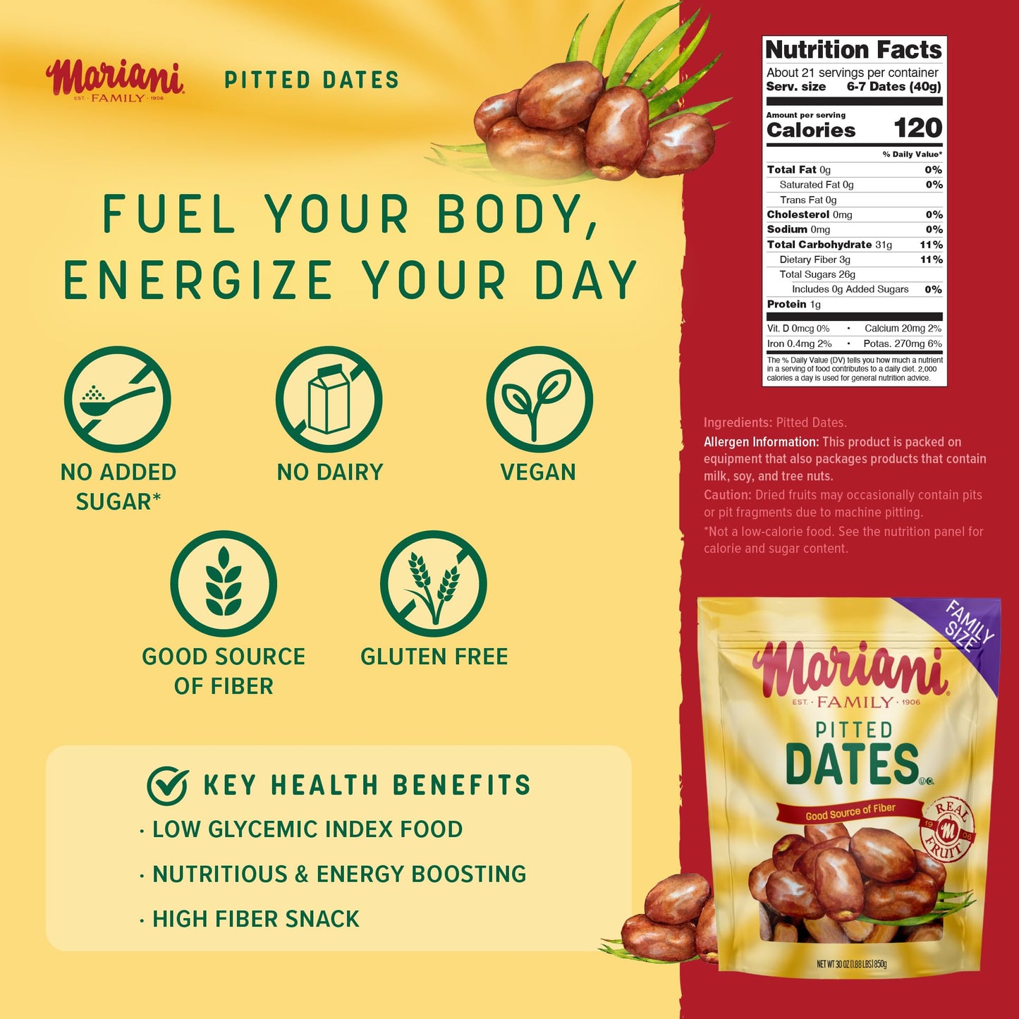Mariani Dried Pitted Dates, 30oz Bag - Dried Dates Pitted No Sugar Added, No Dairy, Vegan, and Full of Fiber for Snacking, Cooking and Baking