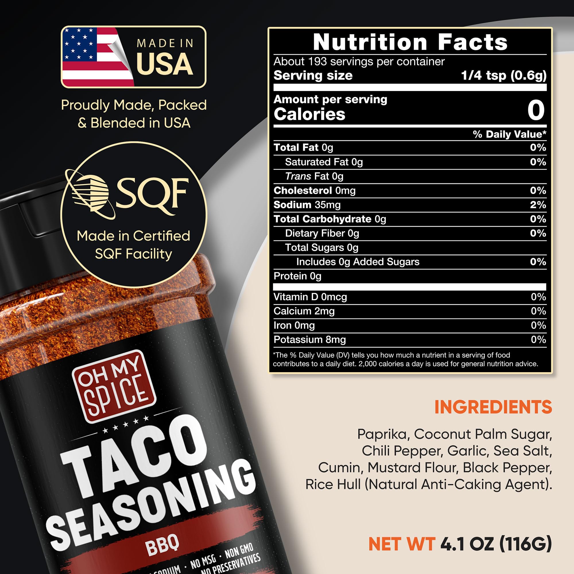 Taco Seasoning Mix BBQ Rub - Gluten Free & Low Sodium Mexican Seasoning Blend for Taco Tuesday Night. BBQ Seasonings for Fajita & Burrito. Meat, Steak