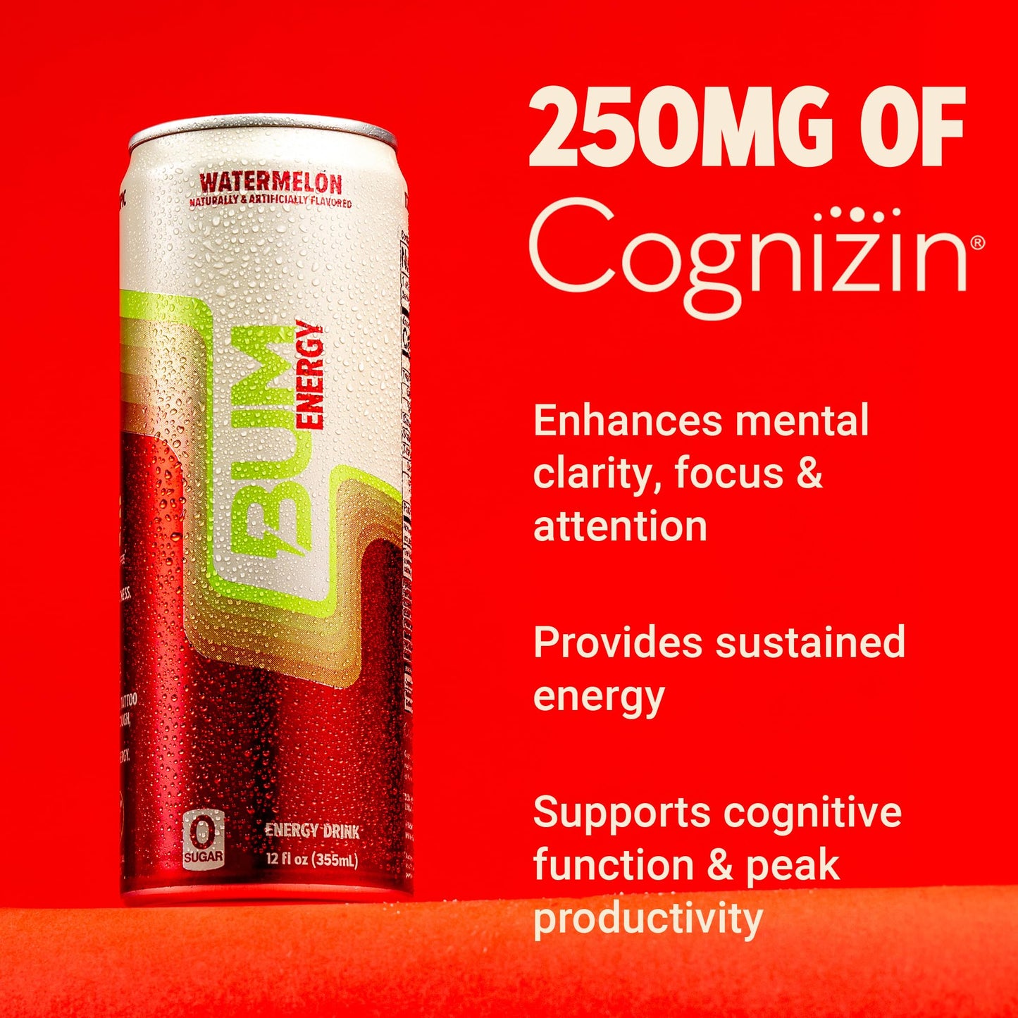 BUM Sugar-Free Energy Drink, Watermelon - Lightly Carbonated & No Artificial Colors, Natural Caffeine & Citicoline for Energy & Focus, Brain Boost