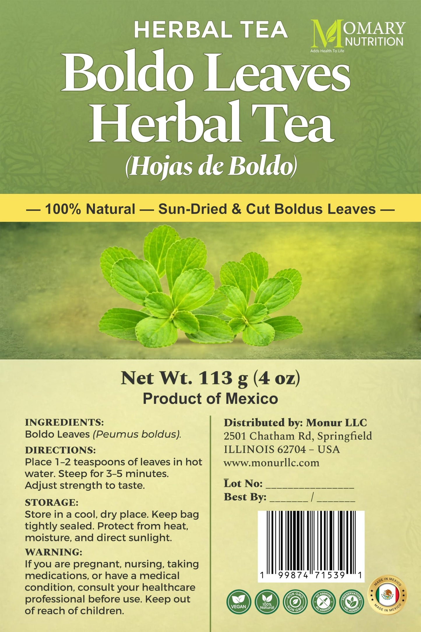 Boldo Leaves Herbal Tea - Hojas de Boldo (Peumus boldus) - Net Wt. 113 g (4 oz) - 100% Natural, Caffeine Free, Traditional Loose Leaf Boldus Herbal