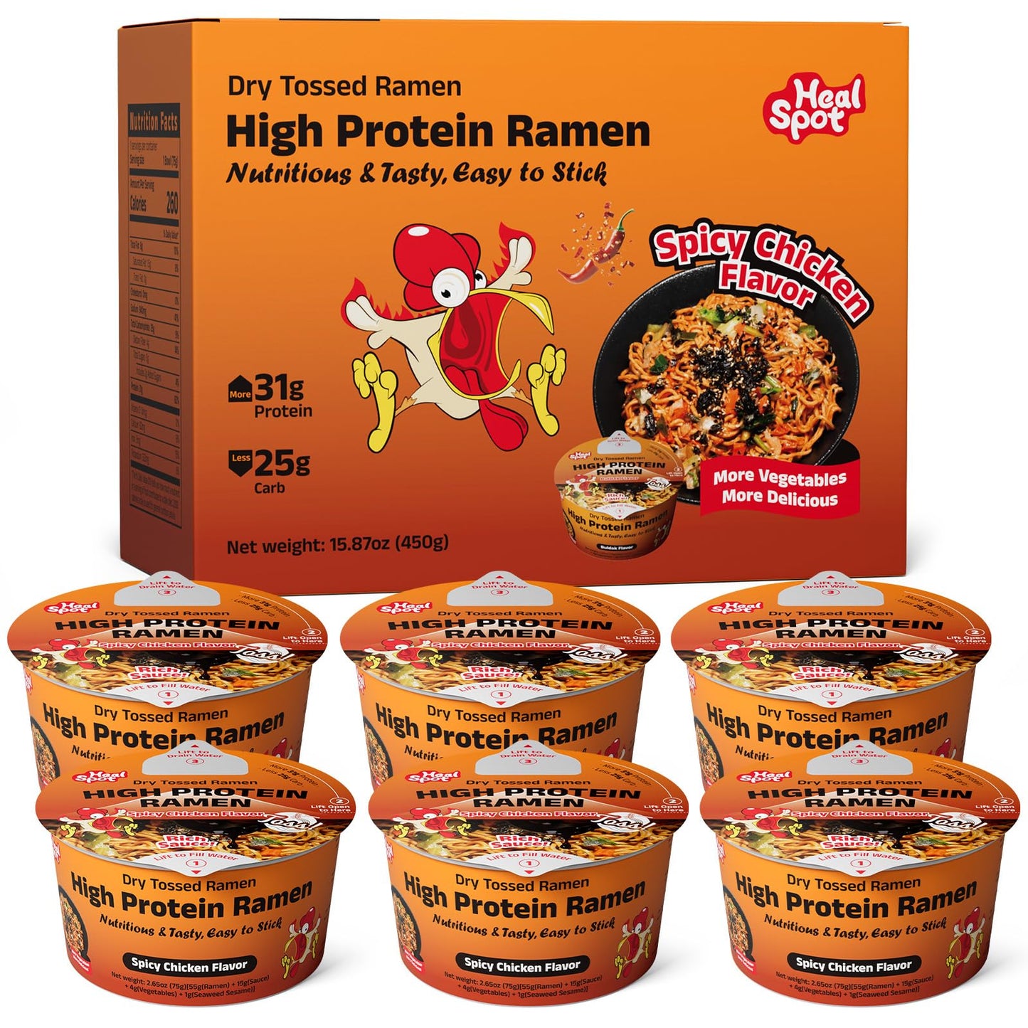 HealSpot High Protein Spicy Chicken Ramen,Dry Tossed Noodles,More 31g Plant-Based Protein Pasta,Low Fat,Low Carb,Non-GMO,Keto & Vegan