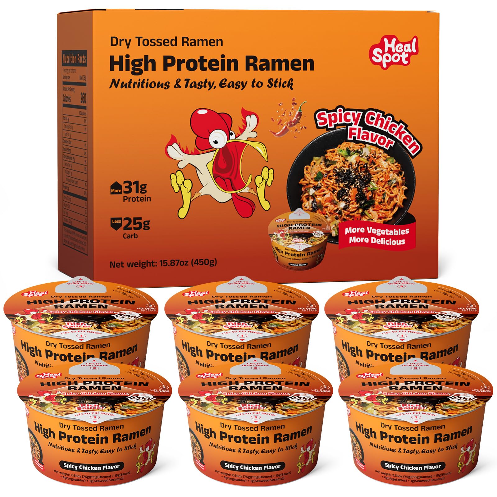 HealSpot High Protein Spicy Chicken Ramen,Dry Tossed Noodles,More 31g Plant-Based Protein Pasta,Low Fat,Low Carb,Non-GMO,Keto & Vegan