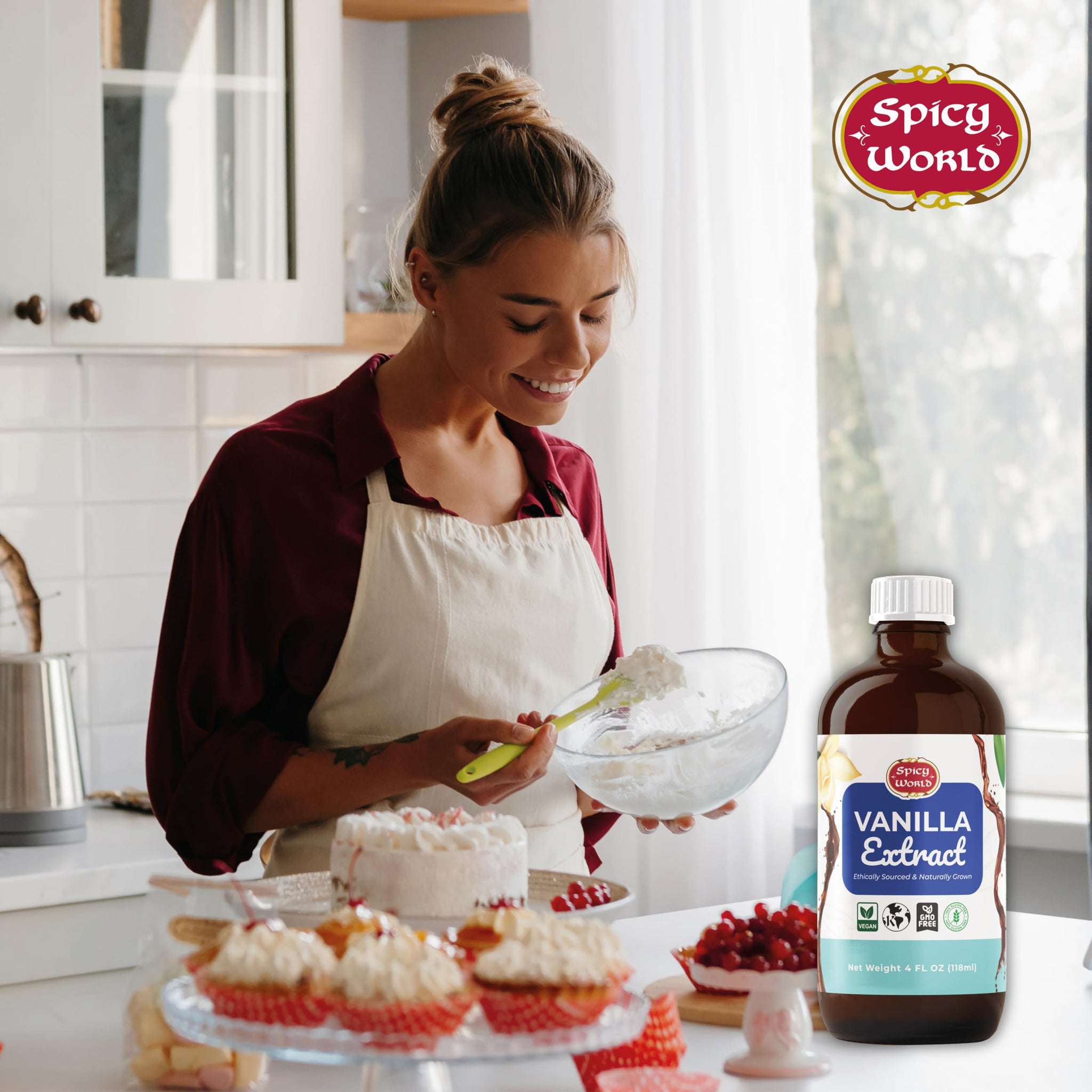 Spicy World Pure Vanilla Extract 4oz - 100% Real Vanilla Extract - Made from Grade B Vanilla Beans - For Cooking, Drinks & Desserts - 100% Vegan