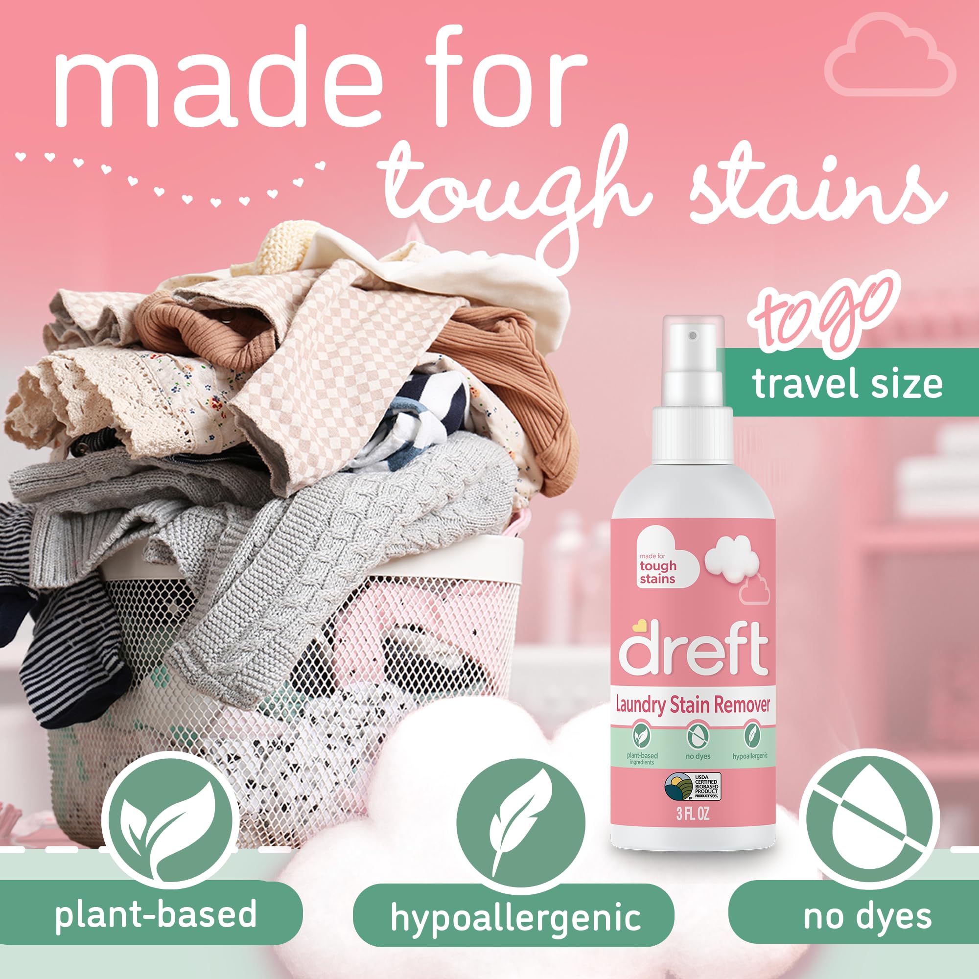 Dreft Stain Remover for Baby Clothes and Hypoallergenic Baby Stain Remover Spray, Travel Size Stain Treater, 3 Fl Oz ( Pack of 2)