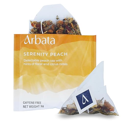 Arbata Serenity Peach Tea - Caffeine Free Herbal Tea with Natural Peach, Apple, Pineapple & Citrus Flavors - 12 Premium Pyramid Tea Bags - Decaf Fruit