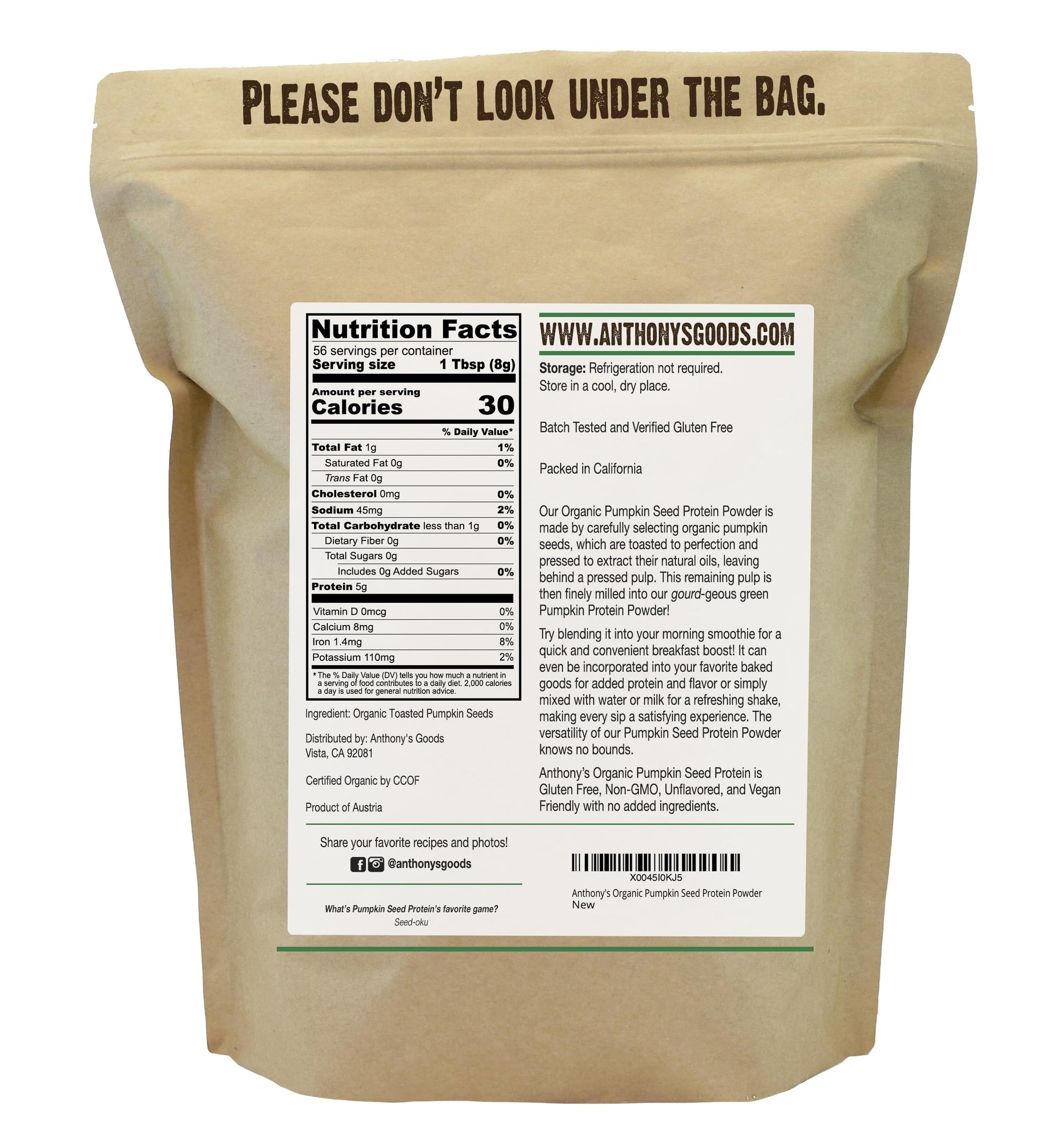 Anthony's Organic Pumpkin Seed Protein Powder, 1lb, Gluten Free, Non GMO, Unflavored, Plant-Based Protein