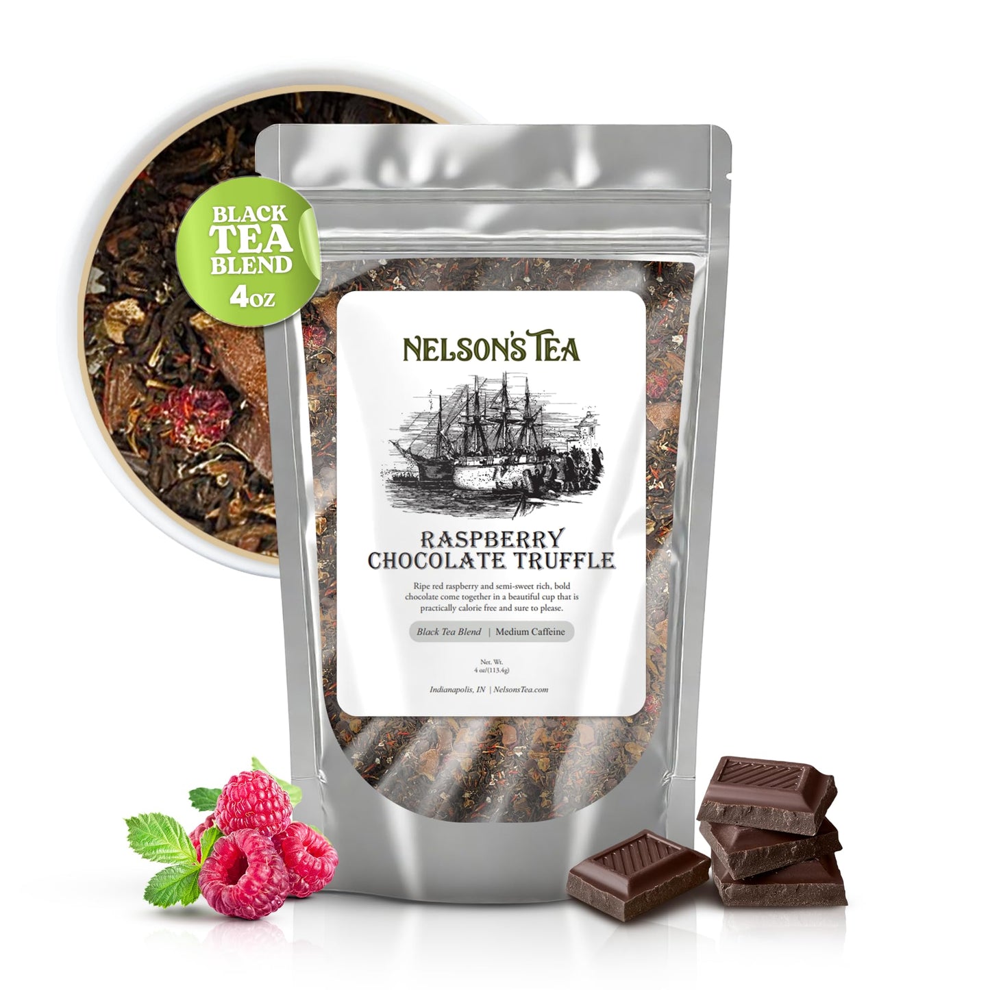 Nelson's Tea Raspberry Chocolate Truffle - Loose Leaf Black Tea with Raspberry Leaf, Chocolate Rooibos, Truffle Essence, Carob Beans, Hibiscus